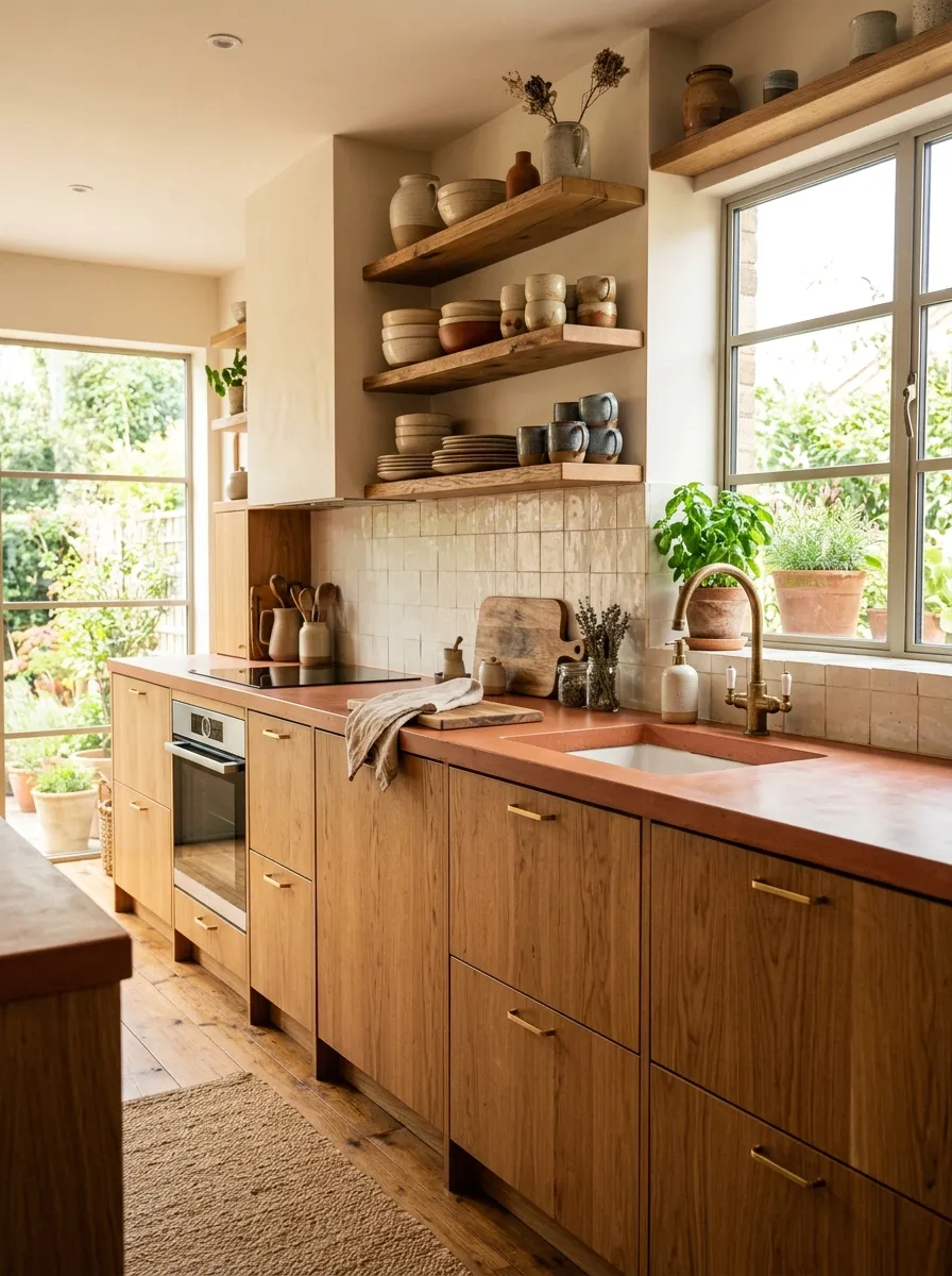Real-life photography of a kitchen with terracotta micro-cement countertops and warm wood cabinetry, neatly arranged stoneware pottery on open shelves, clean minimal hardware, bright natural light, vibrant earthy tones, beautifully organized organic modern kitchen, Pinterest photo, no people.