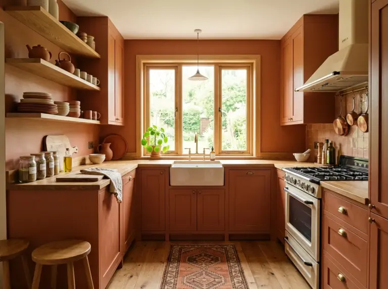 Real-life photography of a full terracotta-toned kitchen, neatly made and beautifully arranged, warm clay-colored walls or cabinetry paired with white or wood accents, clean countertops with organized ceramic dishware, bright natural light pouring through a window, vibrant warm color palette, cozy and inviting atmosphere, Pinterest-style home interior photo, no people.
