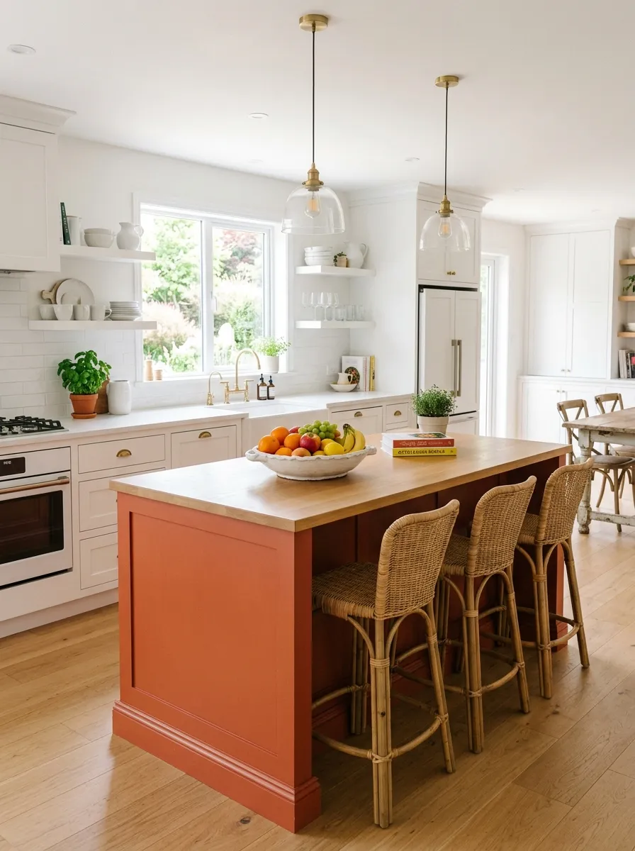 Real-life photo of a bright kitchen with a terracotta-painted island, neatly arranged woven bar stools tucked underneath, light wood countertop, white perimeter cabinets, bright natural light, clean and organized styling, vibrant terracotta color, beautifully arranged fruit bowl on the counter, Pinterest home interior photography, no people.