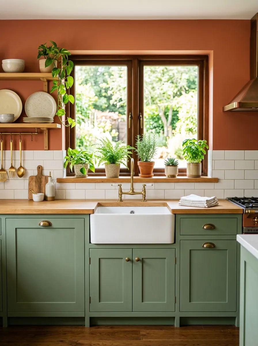 Real-life photography of a kitchen with sage green lower cabinets and terracotta upper walls, neatly arranged brass hardware, clean countertops, small potted plants beautifully arranged on the windowsill, bright natural light, vibrant color contrast, organized and clean styling, Pinterest interior design photo, no people.