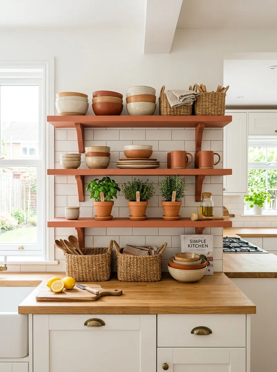 Real-life photo of open kitchen shelving painted terracotta, neatly arranged stoneware bowls and woven baskets, small potted herb plants, clean white cabinetry surrounding, bright natural light, vibrant warm tones, beautifully organized and clean styling, Pinterest kitchen photography, no people.