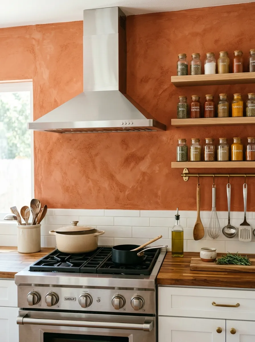 Real-life photography of a kitchen stove area with a textured terracotta limewash accent wall, neatly arranged open spice shelves, clean stainless steel range hood, organized cooking utensils hanging, bright natural light, vibrant terracotta tone, beautifully arranged, Pinterest-style kitchen photo, no people.