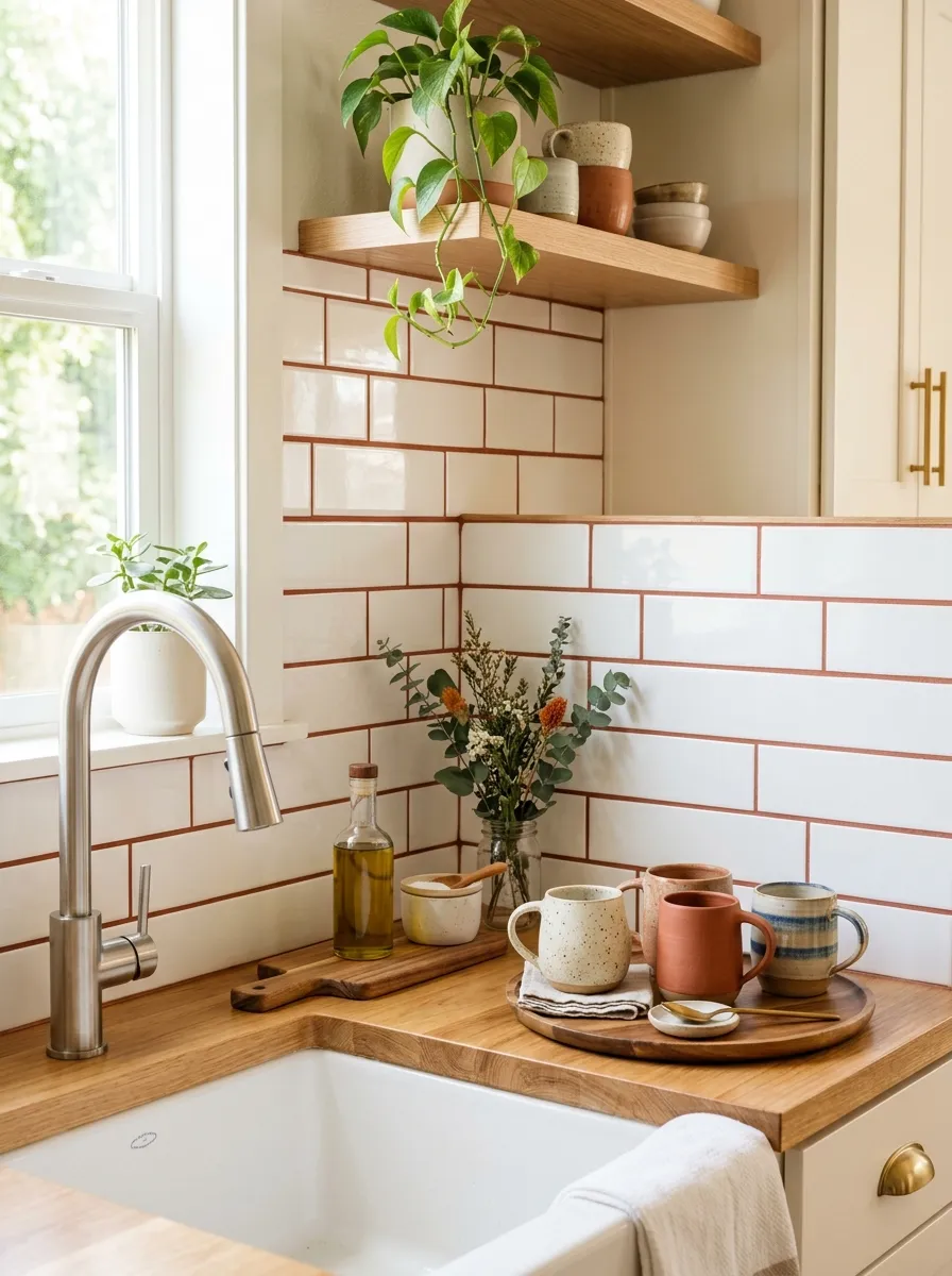 Real-life photography of a white subway tile kitchen backsplash with terracotta-colored grout lines, neatly organized countertop with ceramic mugs, clean stainless steel faucet, bright natural light, vibrant warm accent, beautifully arranged styling, Pinterest home interior photo, no people.