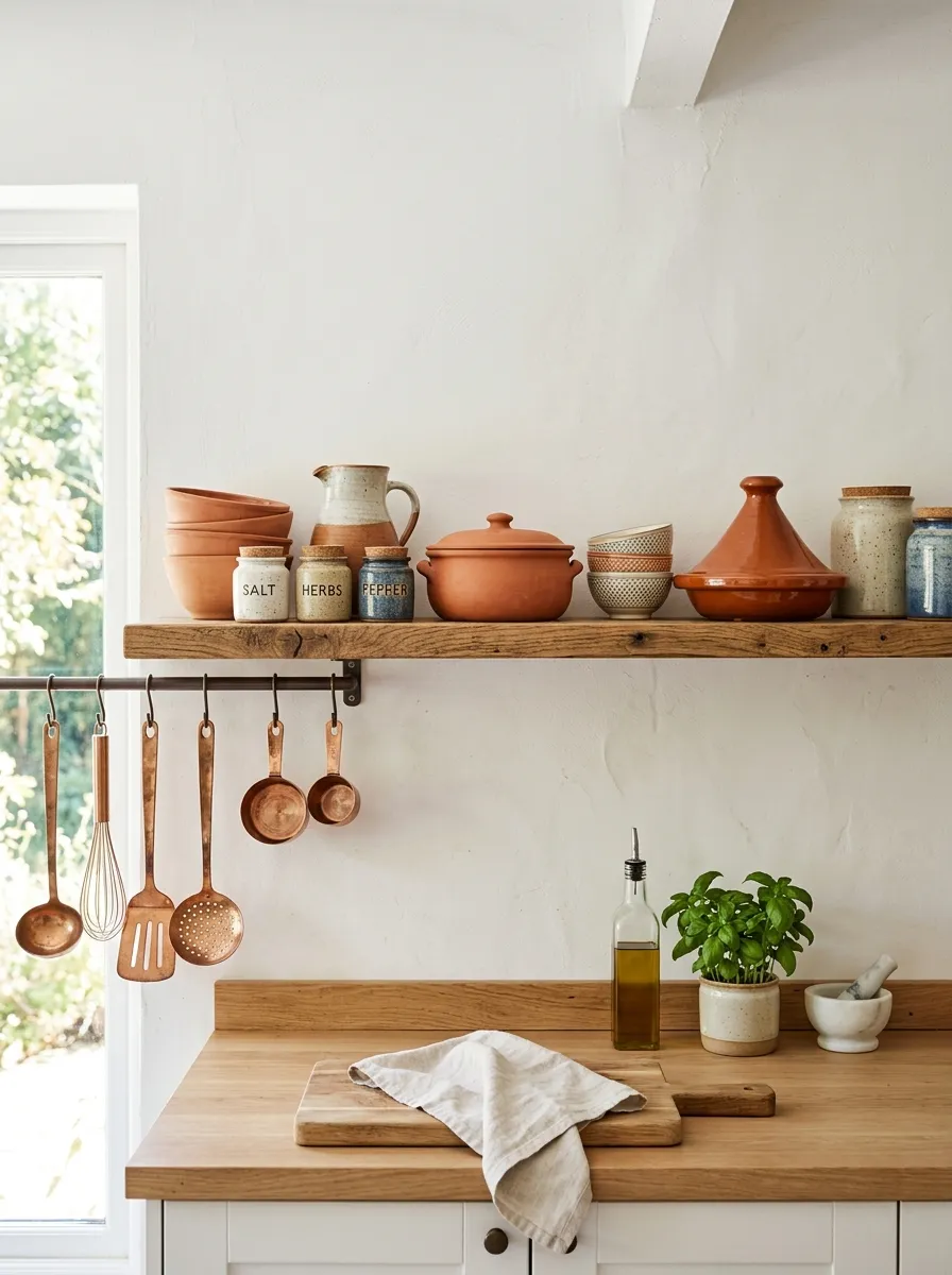 Real-life photography of terracotta clay cookware and ceramic jars neatly arranged on an open wooden shelf, clean kitchen counter below, hanging copper utensils nearby, bright natural light, vibrant terracotta glaze tones, beautifully organized display, Pinterest kitchen styling photo, no people.