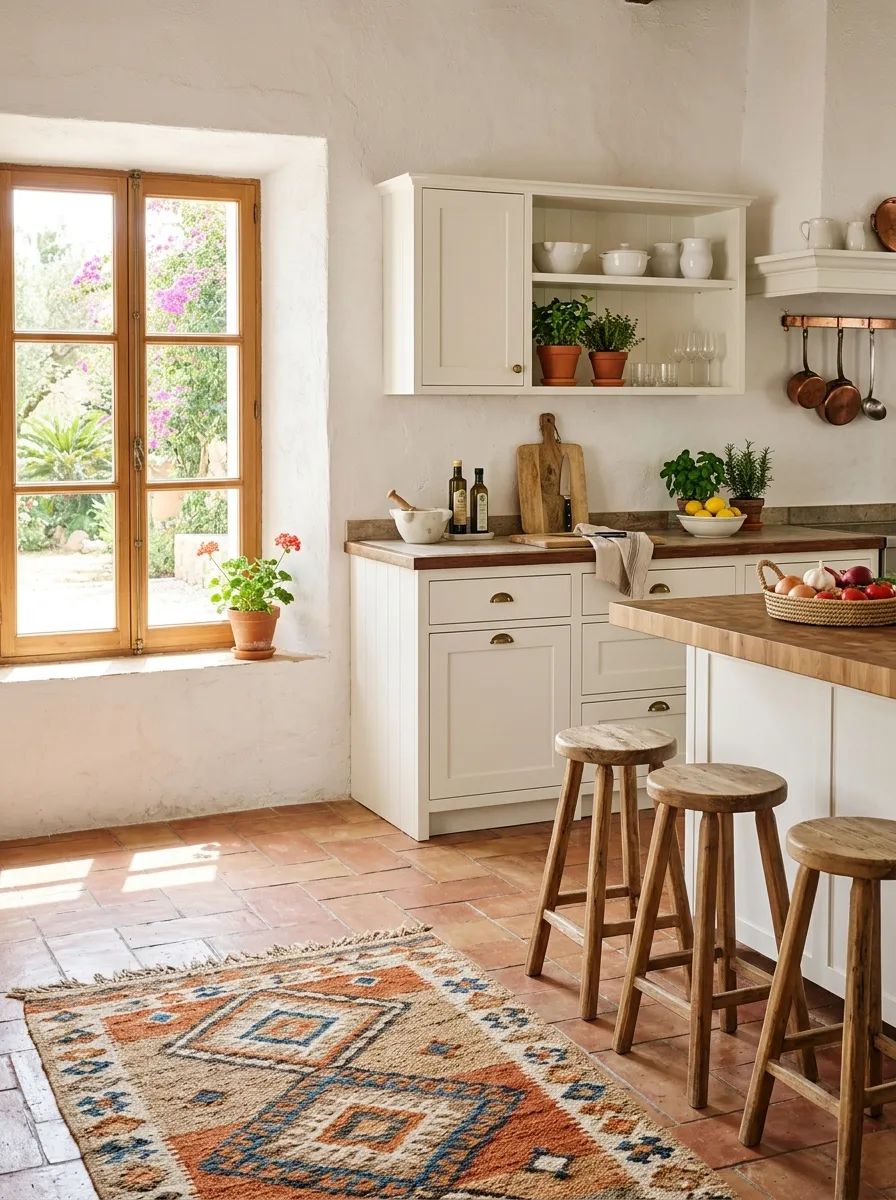 Real-life photography of a kitchen with terracotta tile flooring and whitewashed walls, neatly arranged wooden stools and a woven rug, clean white cabinetry, bright natural light casting shadows on the floor, vibrant warm clay tones, beautifully organized Mediterranean-style kitchen, Pinterest photo, no people.