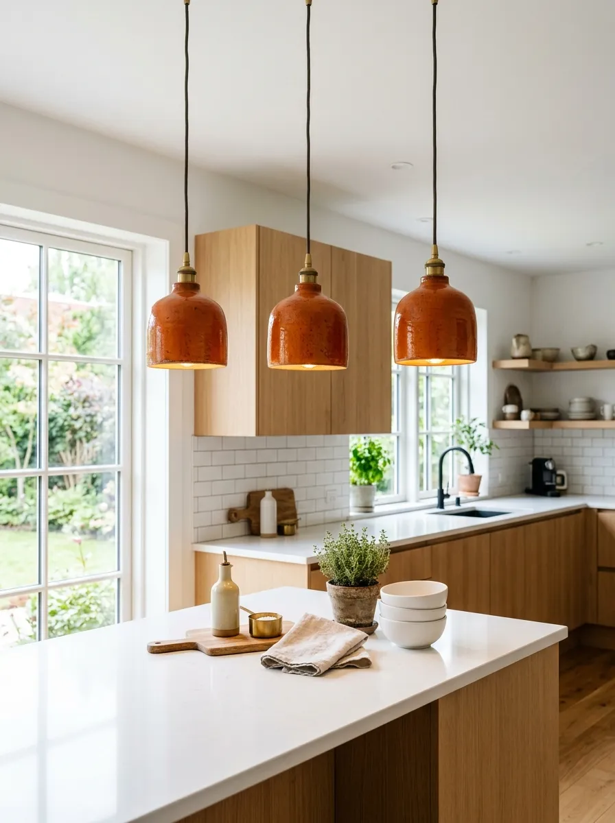Real-life photography of terracotta glazed pendant lights hanging above a kitchen counter, neatly arranged clean white countertop below, minimal Scandinavian-style cabinetry, bright natural light mixing with warm pendant glow, vibrant clay tones, beautifully organized kitchen styling, Pinterest photo, no people.