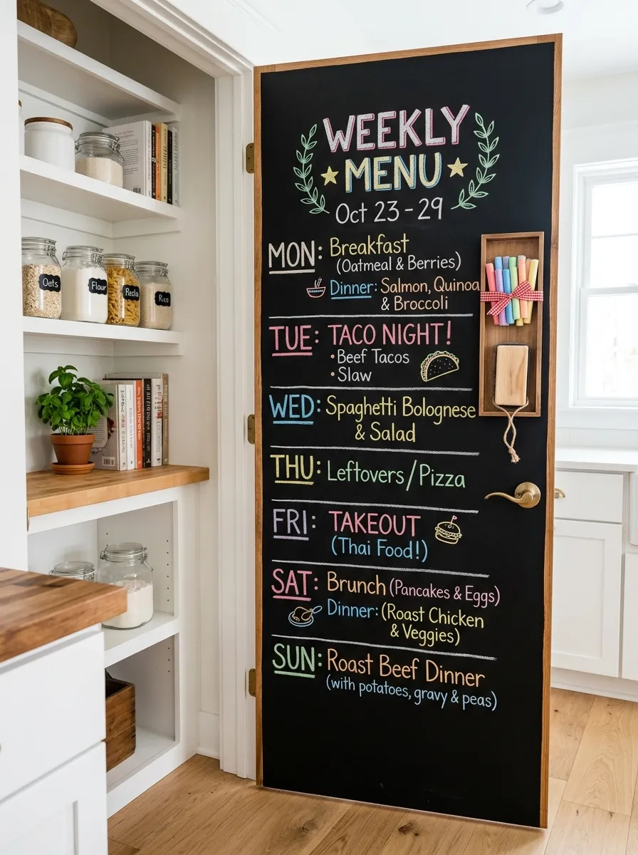 A real-life kitchen pantry door painted with chalkboard paint featuring a handwritten weekly menu, neatly arranged ribbon-tied chalk holder beside it, clean and organized surrounding space, bright natural light, vibrant colorful chalk writing, realistic photography, Pinterest-friendly kitchen detail.