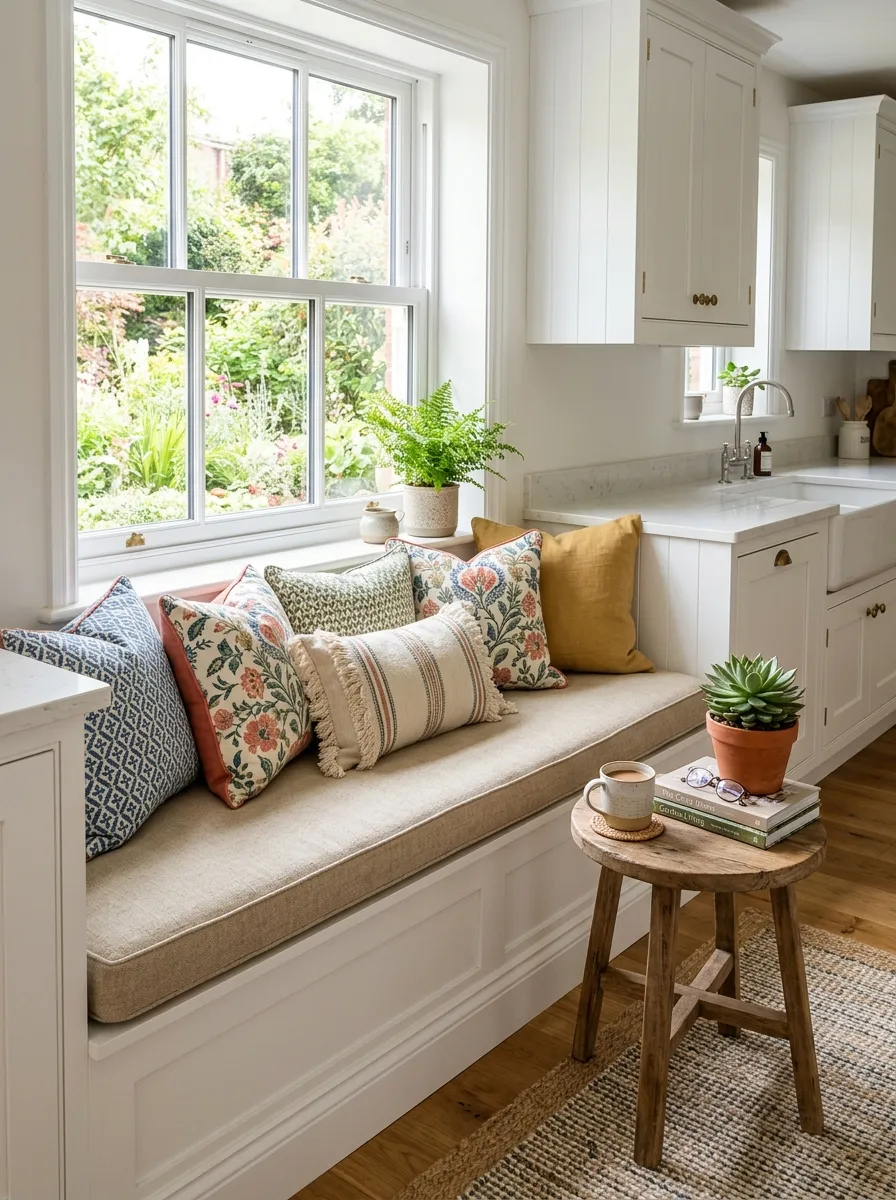 A real-life kitchen window seat bench with a thick cushion and coordinating patterned throw pillows, neatly arranged, beautifully styled small table beside it, clean and organized space, bright natural light through the window, vibrant colors, realistic photography, Pinterest-ready cozy nook.