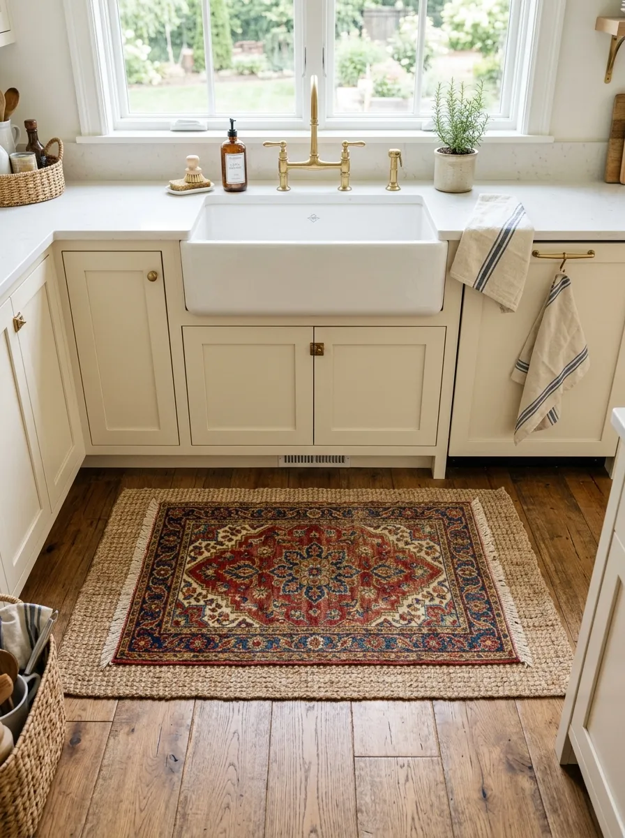 A real-life kitchen floor in front of the sink with a small patterned vintage-style rug layered over a neutral base rug, neatly arranged, clean surrounding kitchen area, beautifully organized, bright natural light, vibrant rug pattern, realistic photography, Pinterest-worthy kitchen flooring detail.
