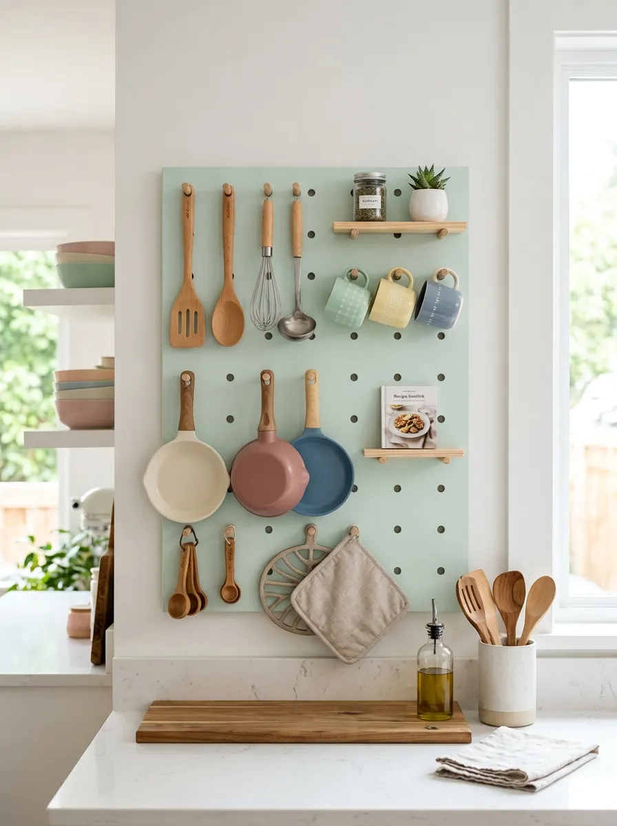 A real-life kitchen wall with a soft pastel-colored pegboard, neatly arranged hanging utensils, small pans, and mugs, beautifully organized, clean surrounding wall space, bright natural light, vibrant pastel tones, realistic photography, Pinterest-worthy kitchen storage wall.