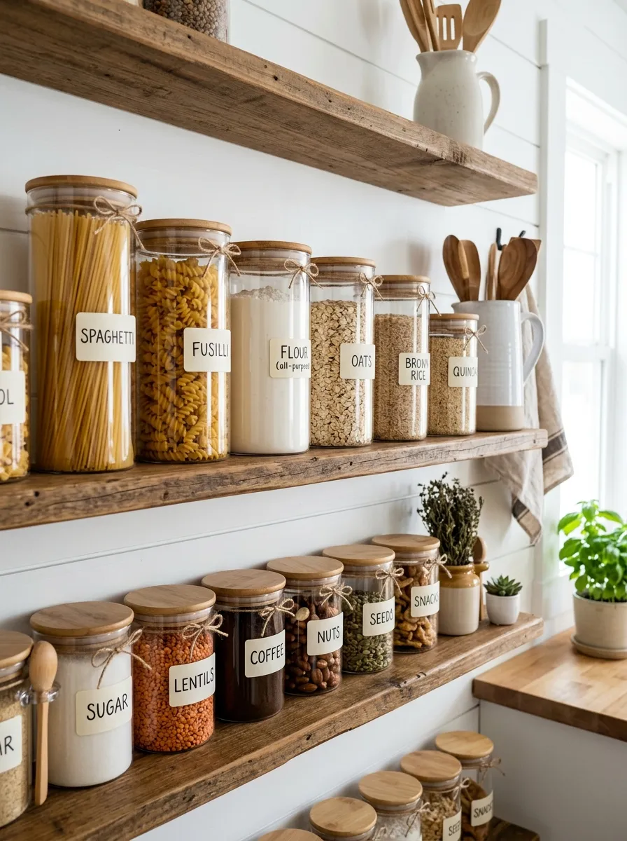 A real-life open pantry shelf with matching glass canisters filled with pasta, flour, and grains, neatly arranged with handwritten labels, beautifully organized, clean shelving, bright natural light, vibrant food colors visible through glass, realistic photography, Pinterest-friendly pantry styling.
