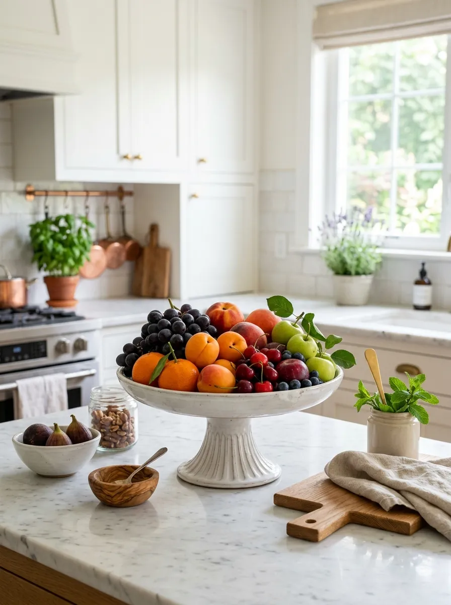 A real-life kitchen island with a footed ceramic fruit stand filled with colorful seasonal fruit, neatly arranged, beautifully organized surrounding countertop, clean space, bright natural light, vibrant fruit colors, realistic photography, Pinterest-worthy kitchen centerpiece shot.
