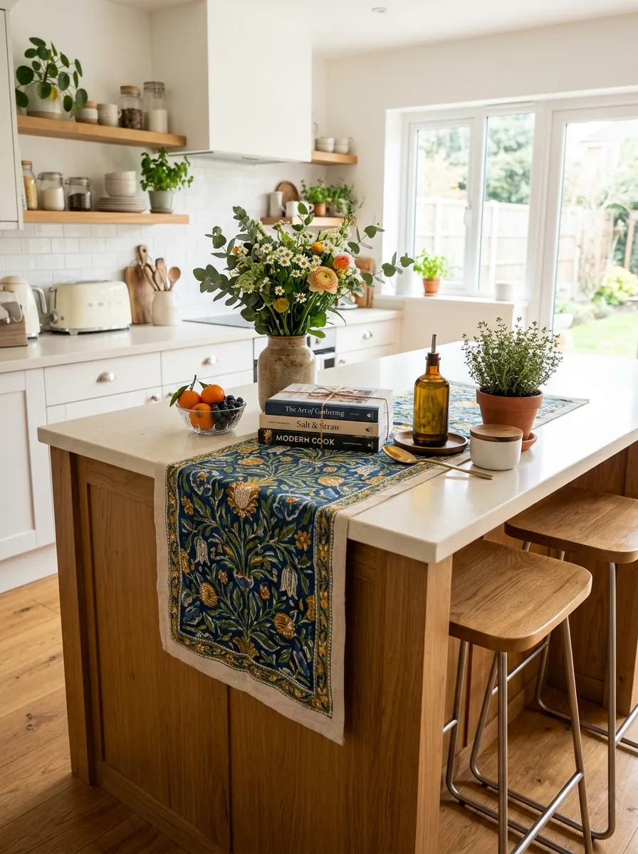 A real-life kitchen island with a patterned linen runner draped across the surface, neatly arranged small decor items on top, beautifully organized, clean surrounding kitchen, bright natural light, vibrant fabric pattern, realistic photography, Pinterest-worthy kitchen island styling.