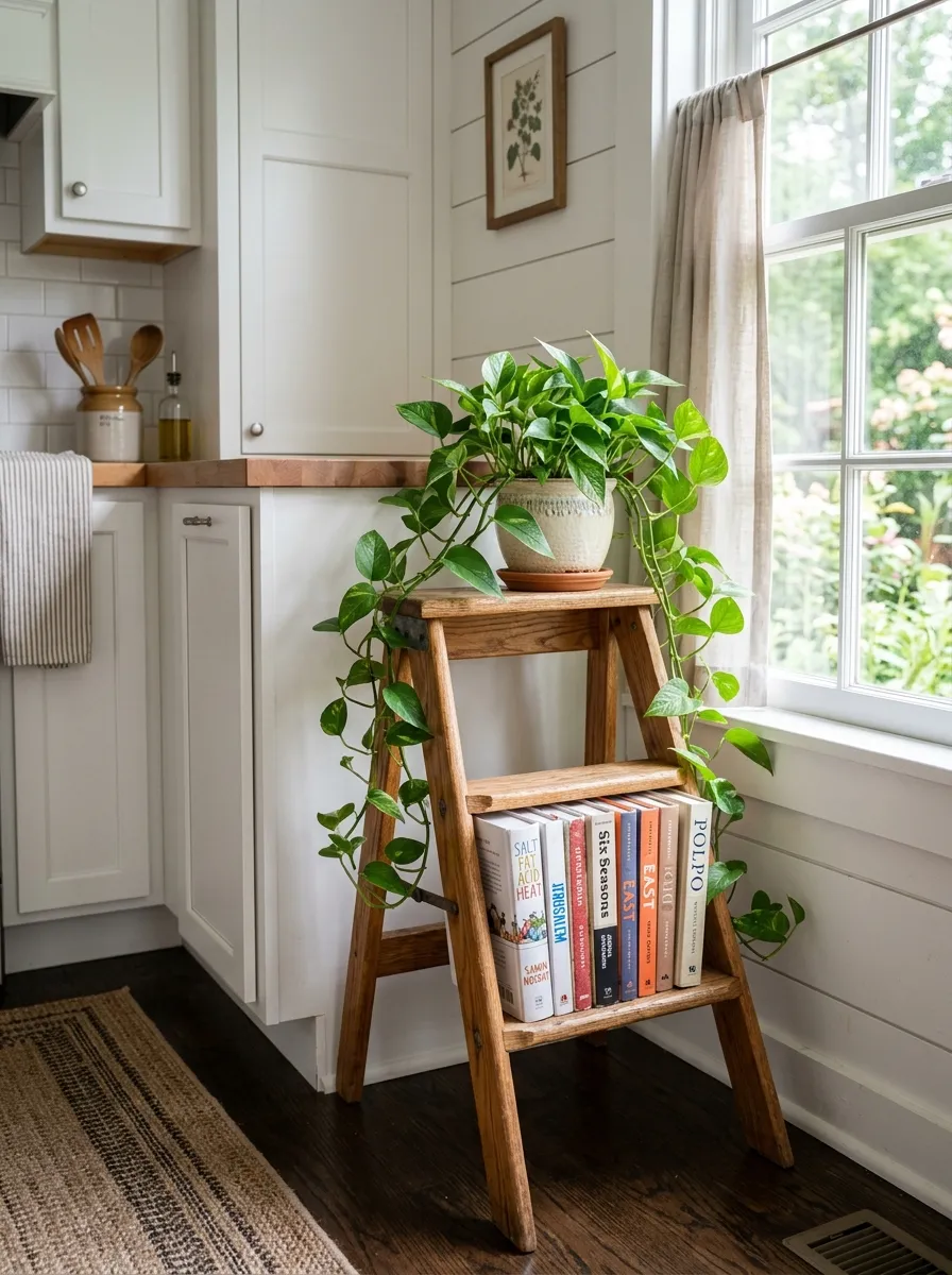 A real-life kitchen corner with a wooden step stool repurposed as a plant stand, neatly arranged trailing plant on top and cookbooks leaning against the legs, beautifully organized, clean space, bright natural light, vibrant greenery, realistic photography, Pinterest-worthy kitchen styling detail.