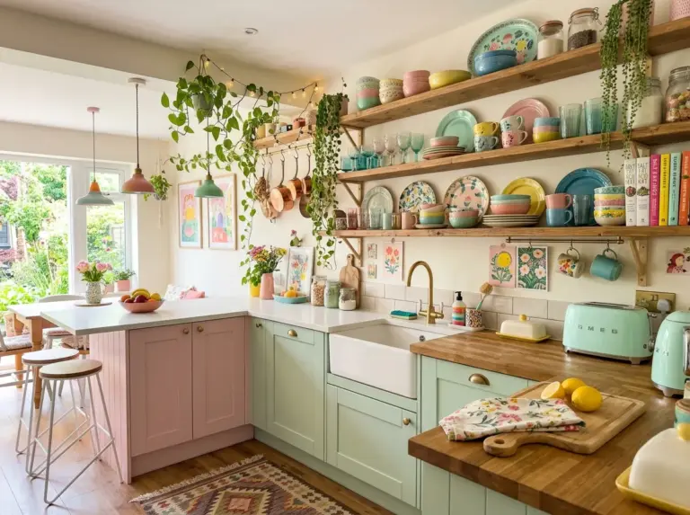 A bright, real-life whimsical kitchen filled with pastel-colored details, open shelving with colorful ceramics, hanging plants, and cheerful decor, neatly arranged and organized, clean countertops, bright natural light streaming in, vibrant colors, realistic photography style, cozy and inviting, Pinterest-worthy wide kitchen shot.