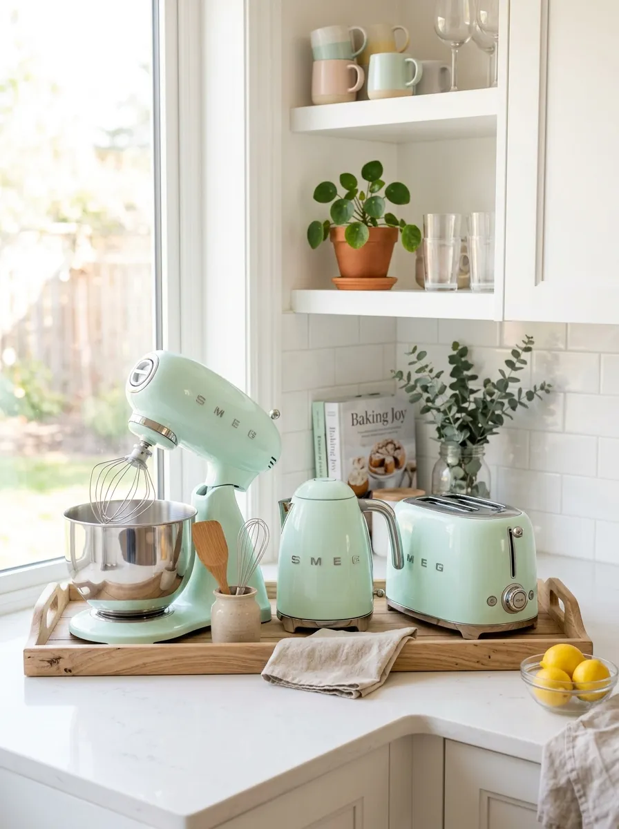 Real-life kitchen countertop styled with matching pastel-colored stand mixer, kettle, and toaster, neatly arranged on a wooden tray, beautifully organized, clean surface, bright natural light, vibrant pastel tones, realistic stock-photo style, Pinterest-ready aesthetic kitchen corner.