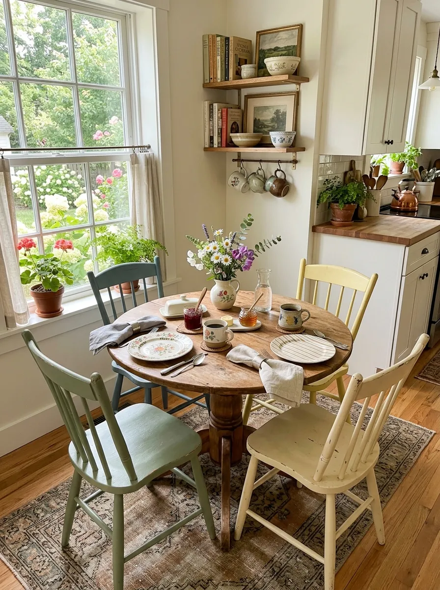 A real-life cozy breakfast nook with mismatched vintage-style wooden chairs painted in soft complementary colors around a small round table, neatly arranged, beautifully organized tableware, clean space, bright natural light, vibrant tones, realistic photography, Pinterest-worthy kitchen corner.