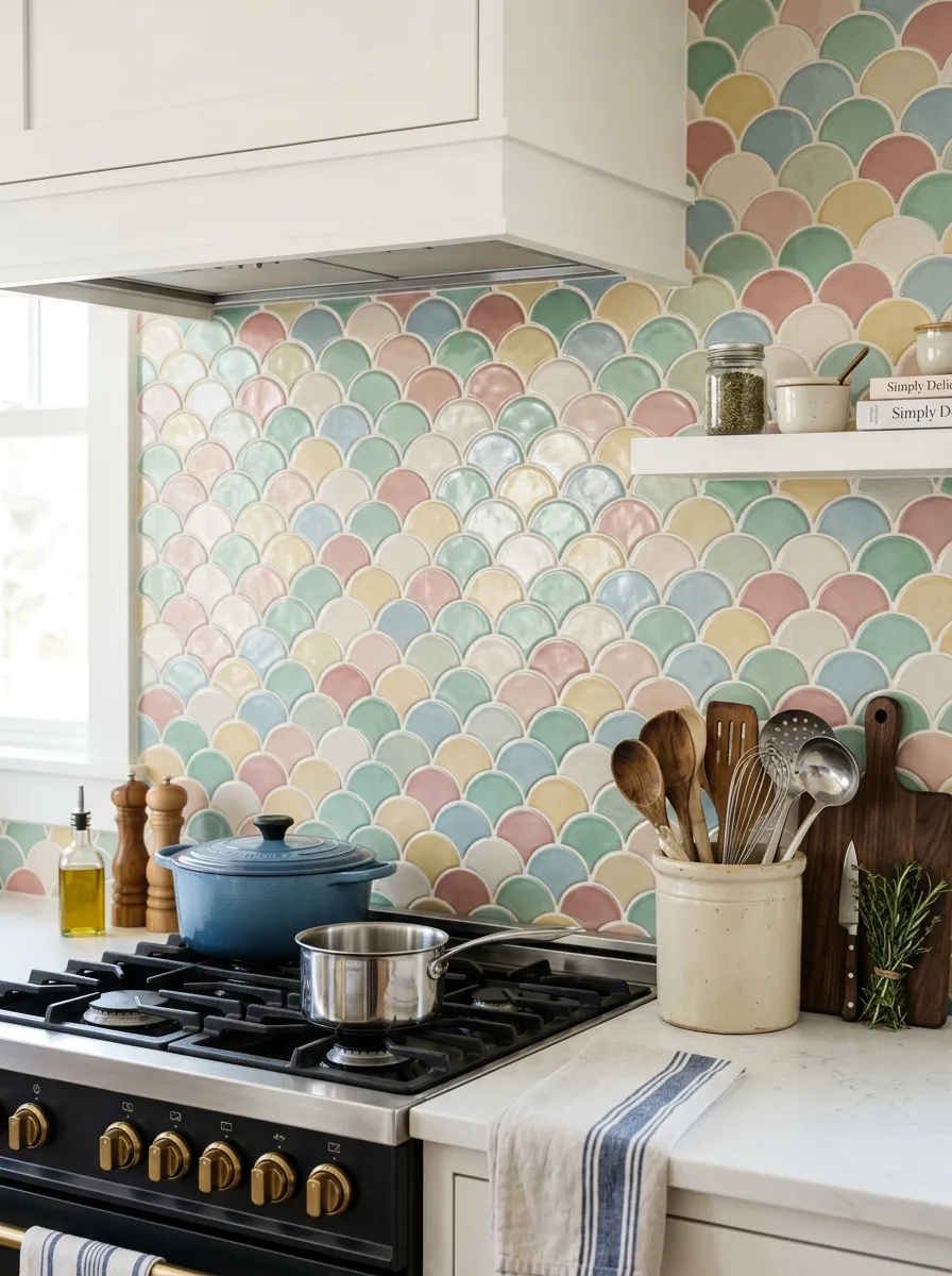 A real-life kitchen stove area with a scalloped-edge patterned tile backsplash in soft pastel colors, neatly arranged cooking utensils nearby, clean and organized counter, bright natural light, vibrant tile pattern, realistic photography style, Pinterest-worthy kitchen detail shot.