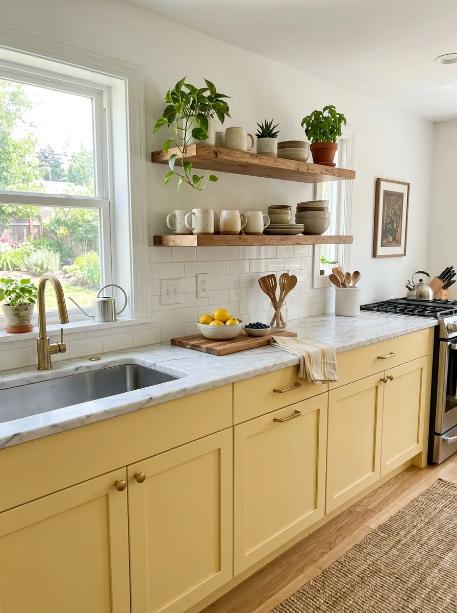 Image prompt: A cozy real-life kitchen with soft butter yellow cabinets, white marble countertops, and brushed gold handles, neatly made and beautifully arranged with open wooden shelves holding a few ceramic mugs and plants. Bright natural light fills the room, clean and organized styling, vibrant warm tones, realistic stock-photo style, not illustrated or 3D rendered.
