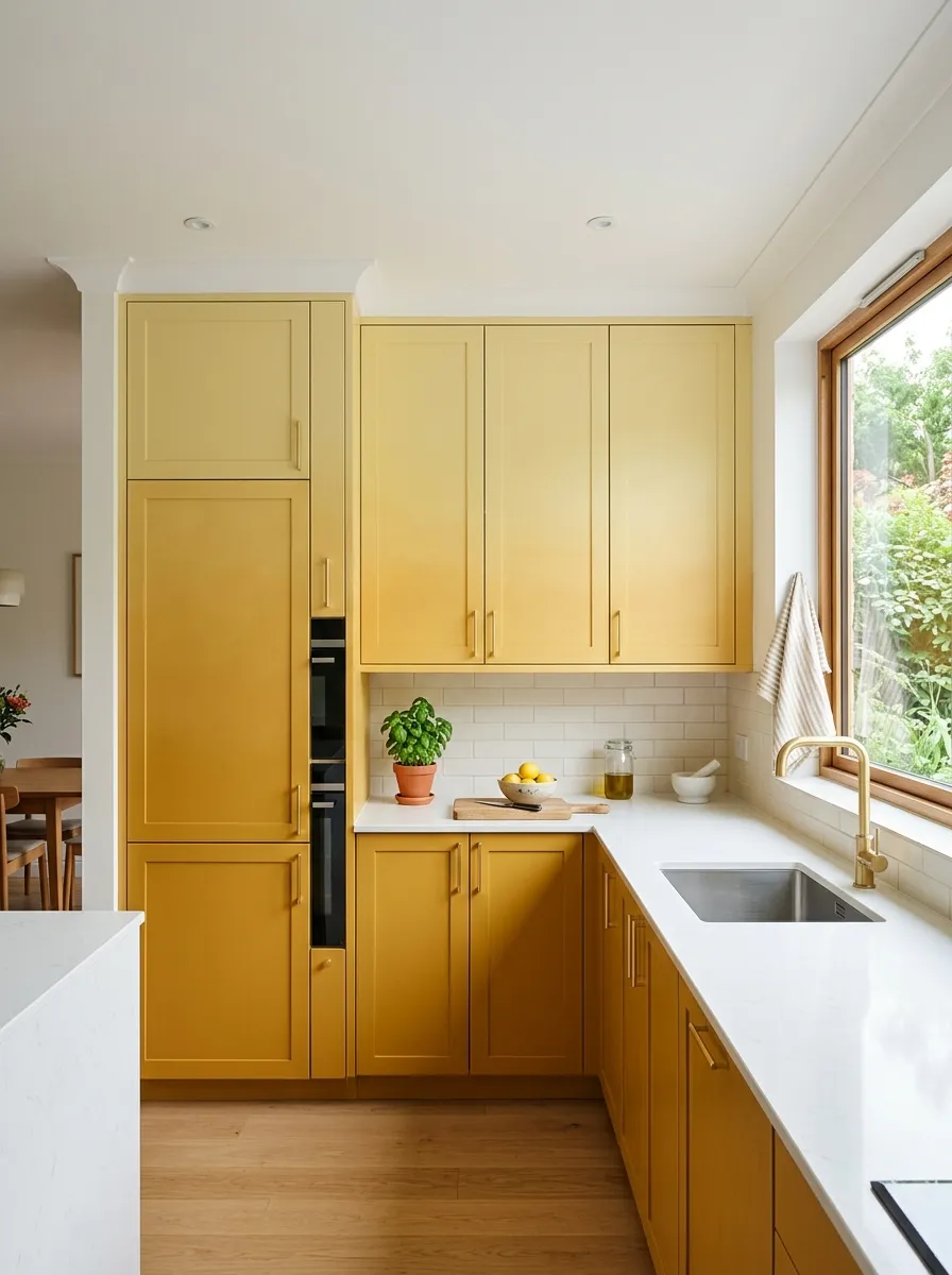 Image prompt: A real-life kitchen with tall cabinets painted in an ombre gradient from rich gold yellow at the bottom to soft pale yellow near the top, neatly made and beautifully arranged with minimal clean countertops. Bright natural light emphasizes the gradient, vibrant yet harmonious tones, organized and tidy composition, realistic stock-photography style.