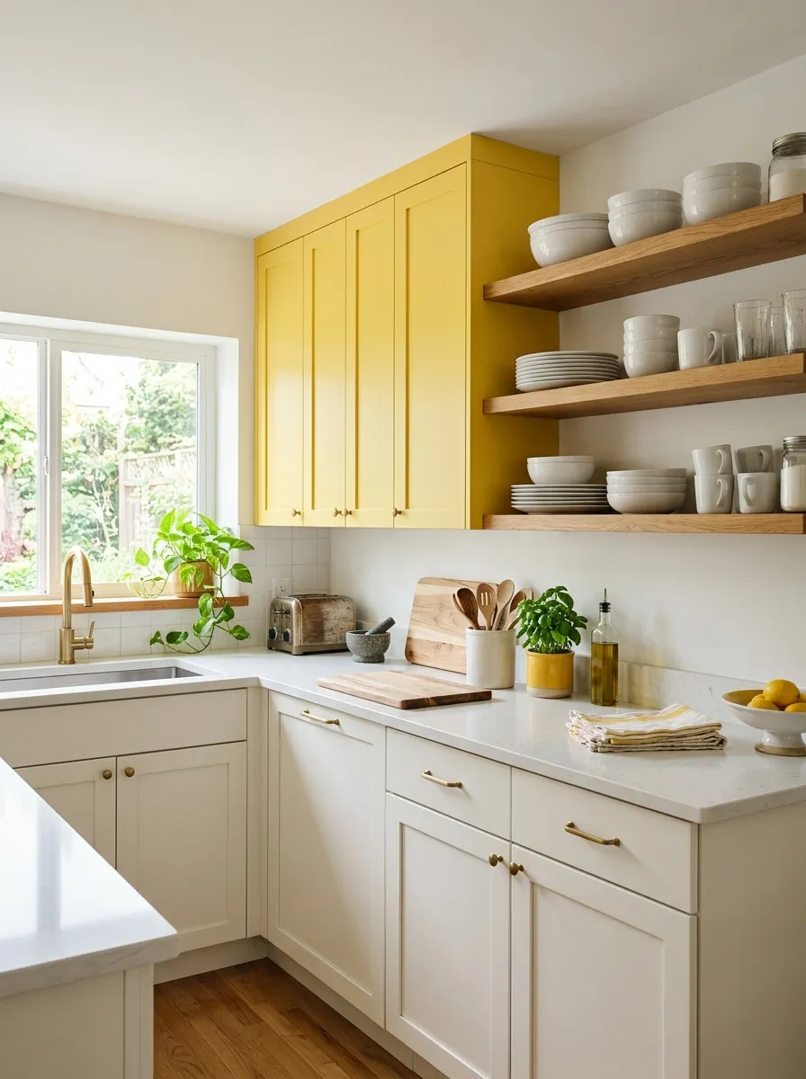 Image prompt: A real-life kitchen with a single row of yellow upper cabinets and neutral white lower cabinets, open shelving neatly filled with simple white dishware. Clean, organized, and beautifully arranged countertops, bright natural light, vibrant yellow accent against a calm neutral palette, realistic stock-photography style, not illustrated or 3D rendered.