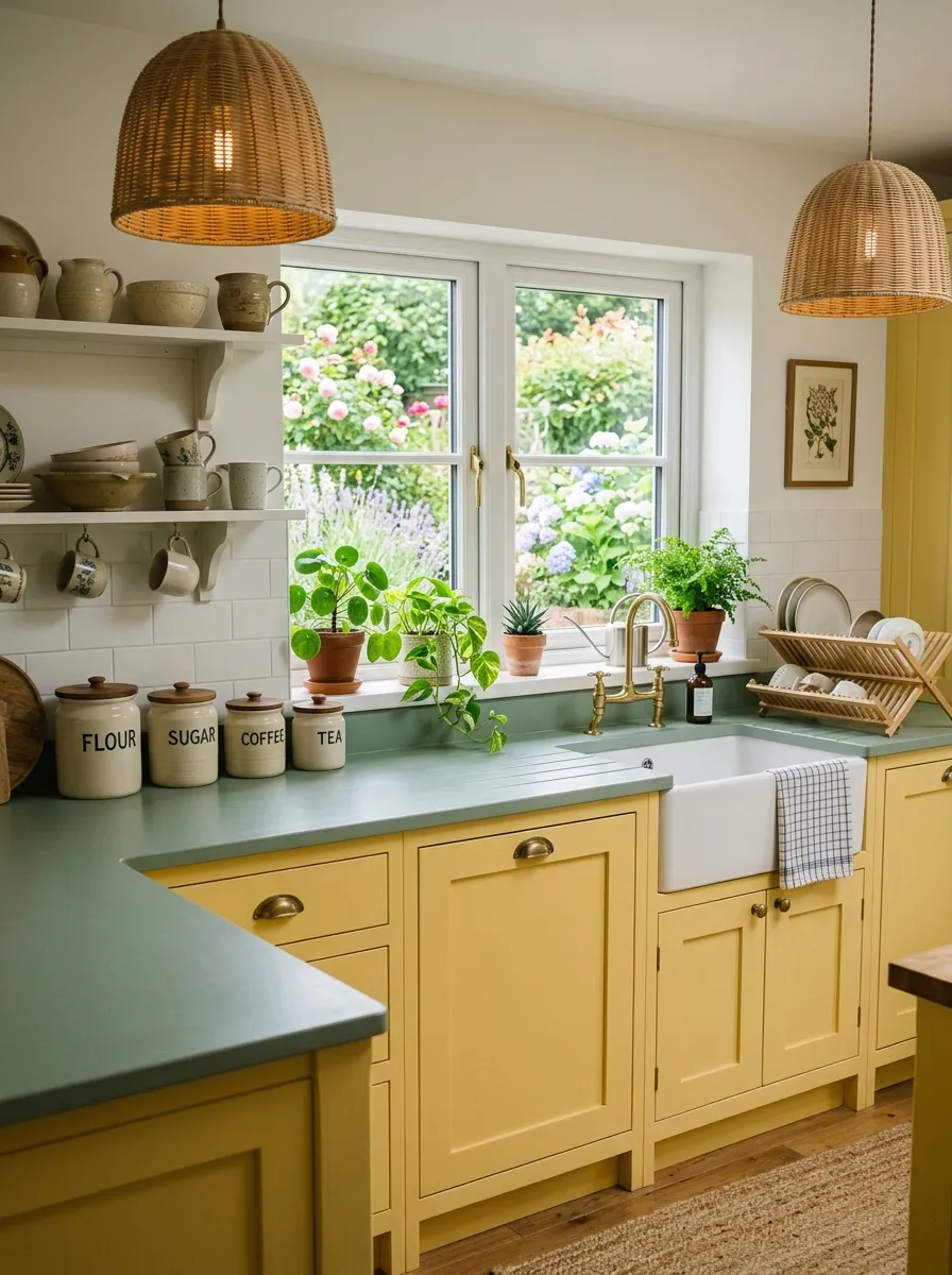 Image prompt: A real-life cottagecore-style kitchen with yellow cabinets and sage green countertops, woven rattan light fixtures, and neatly arranged ceramic canisters. Several small houseplants sit on the counter, bright natural light, clean and organized composition, vibrant yet soft garden-inspired palette, realistic stock-photo style, not illustration or 3D render.