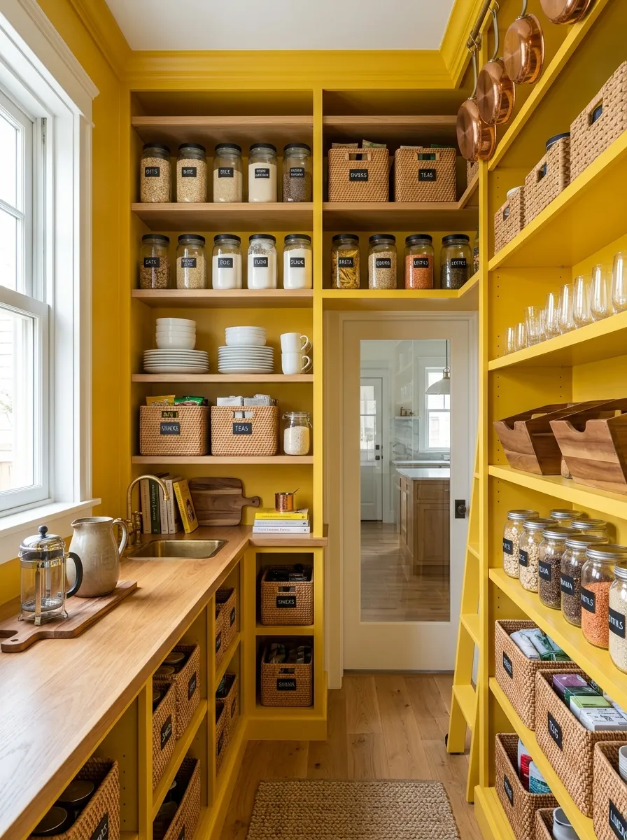 Image prompt: A real-life bold yellow butler's pantry with open shelving neatly filled with matching glass jars, woven baskets, and stacked white dishware, beautifully arranged and organized. Bright natural light illuminates the space, clean and tidy styling, vibrant saturated yellow tone, realistic stock-photography style, not illustrated or 3D rendered.