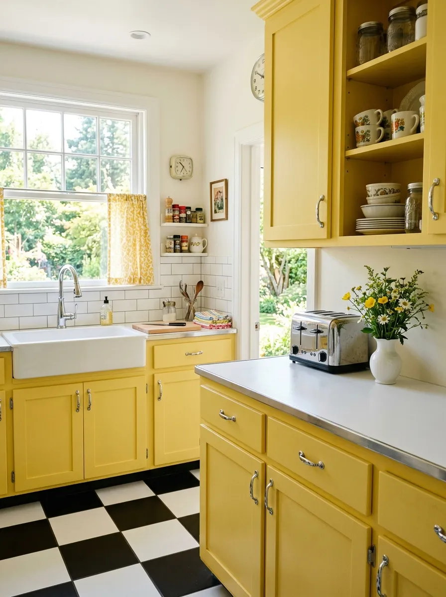 Image prompt: A real-life retro-inspired kitchen with bright yellow cabinets, black and white checkerboard flooring, chrome hardware, and a simple white countertop. The space is clean, neatly arranged, and organized with a chrome toaster and a small vase, bright natural light, vibrant playful color contrast, realistic stock-photo style, not 3D rendered.