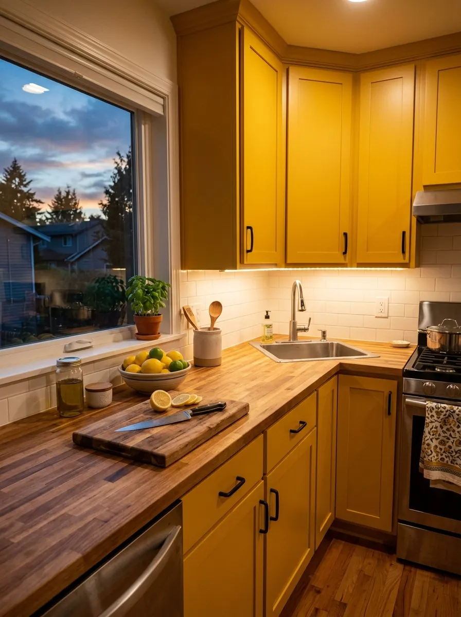 Image prompt: A real-life kitchen at dusk with yellow cabinets illuminated by warm under-cabinet LED lighting, neatly arranged countertop with a cutting board and a bowl of lemons. Soft ambient glow mixed with fading natural light through a window, clean and organized styling, vibrant warm tones, realistic stock-photography style, not illustrated.