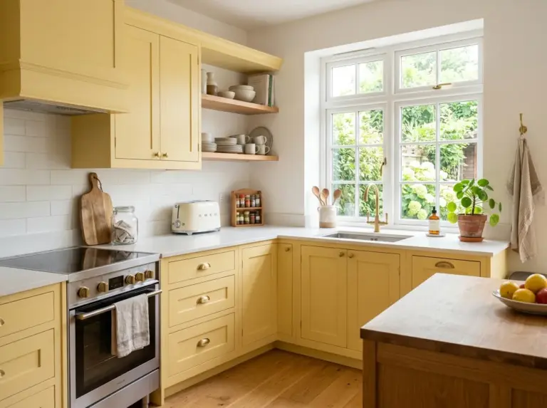 A bright, real-life kitchen photographed from a slightly wide angle, featuring soft yellow kitchen cabinets that are neatly arranged with white countertops, brass hardware, and a small potted plant on the counter. The kitchen is clean, organized, and beautifully styled, with bright natural light streaming through a nearby window. Vibrant yet warm color tones, shot in a realistic stock-photography style, not 3D render or illustration.
