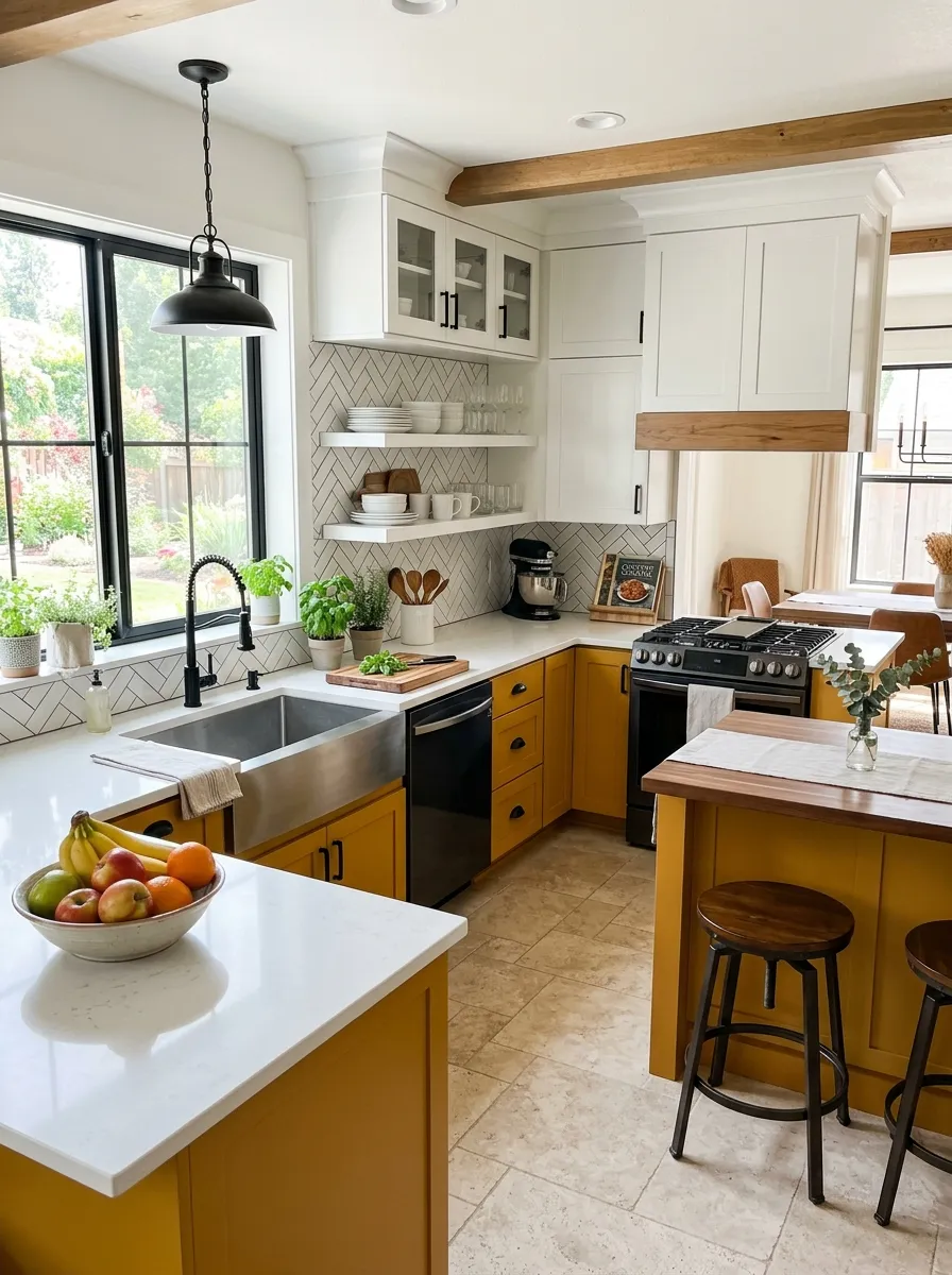 Image prompt: A real-life modern farmhouse kitchen with mustard yellow lower cabinets and crisp white upper cabinets, black hardware, and a light neutral tile floor. The space is clean, organized, and neatly styled with a bowl of fruit on the counter, bright natural light pouring in, vibrant color contrast, shot in a realistic stock-photography style.