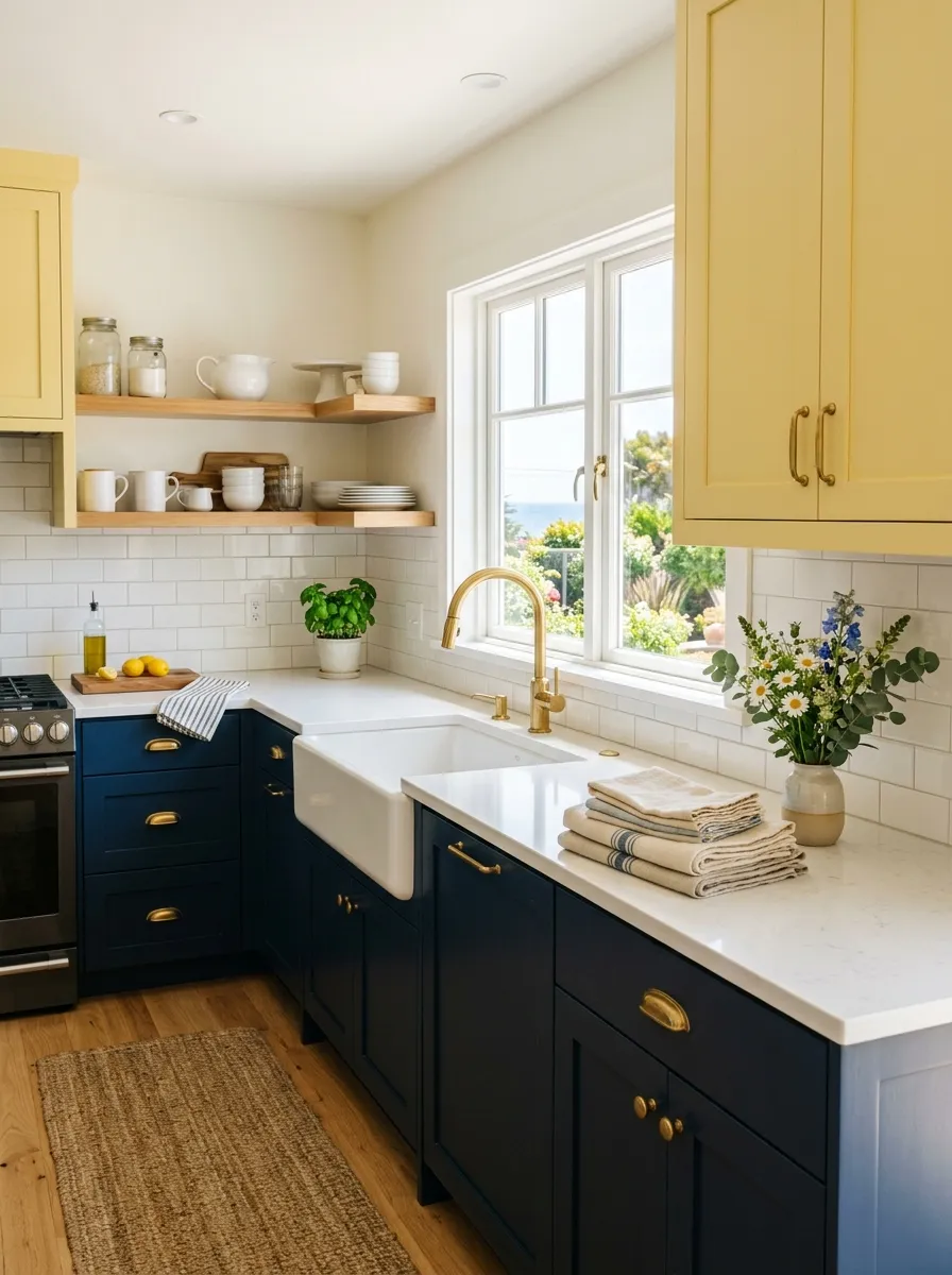 Image prompt: A real-life coastal-style kitchen with navy blue lower cabinets and soft yellow upper cabinets, brass faucet, and a white tile backsplash. The kitchen is neatly made, clean, and beautifully arranged with folded linen towels and a small vase of flowers, bright natural light, vibrant color contrast, realistic stock-photo style, not 3D rendered or illustrated.