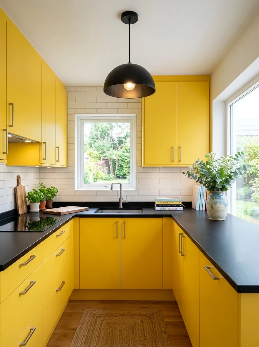 Image prompt: A real-life modern kitchen with vibrant yellow cabinets and matte black quartz countertops, brushed steel hardware, and a single black pendant light hanging above. The space is clean, neatly made, and beautifully arranged with a small stack of cookbooks and a ceramic vase, bright natural light, bold vibrant contrast, realistic stock-photography style, not illustrated.