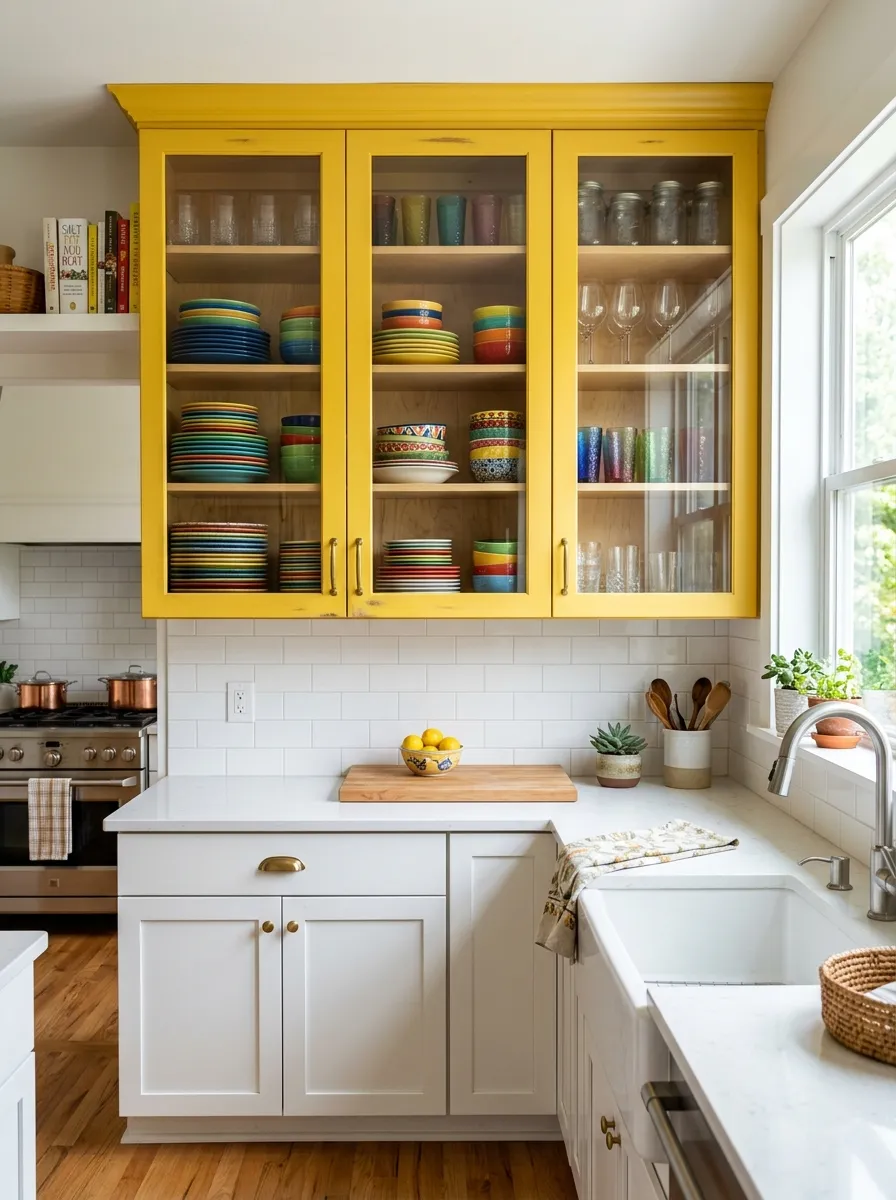 Image prompt: A real-life kitchen featuring yellow glass-front display cabinets neatly filled with colorful stacked plates and glassware, beautifully arranged and organized. Bright natural light highlights the glass panels, the surrounding kitchen is clean and tidy, vibrant color palette, shot in a realistic stock-photography style, not 3D rendered or illustrated.
