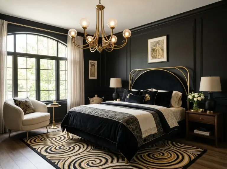 Real-life photo of a full black nouveau bedroom interior, featuring a curved black velvet headboard with a slim brass frame, neatly made bed with black and cream linens, beautifully arranged brass pendant chandelier with sweeping curved arms above, curved boucle accent chair in the corner, art nouveau patterned area rug beneath the bed, organized nightstands with ceramic lamps and fresh flowers, clean and cohesive room styling, bright natural light streaming through a large window, vibrant gold and brass accents standing out against the black palette, wide-angle shot, realistic home interior photography, warm and inviting atmosphere, Pinterest-worthy composition, no people.