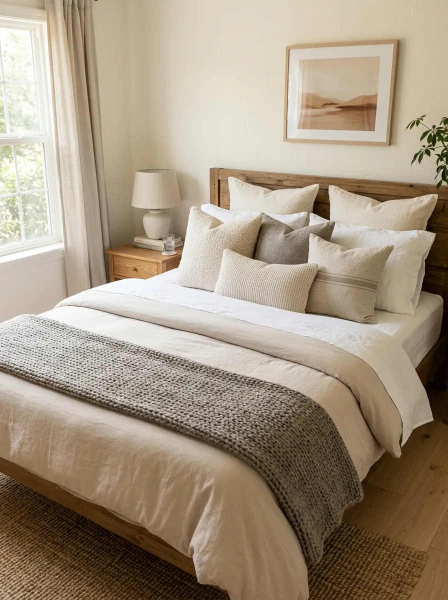 Prompt: A realistic photograph of a neatly made bed with mixed throw pillows in linen and bouclé textures, varying shades of cream and warm gray, in a cozy neutral bedroom. Beautifully arranged, organized styling with folded throw at the foot of the bed, bright natural light highlighting fabric textures, vibrant warm tones, real home photography style, no illustration or render.