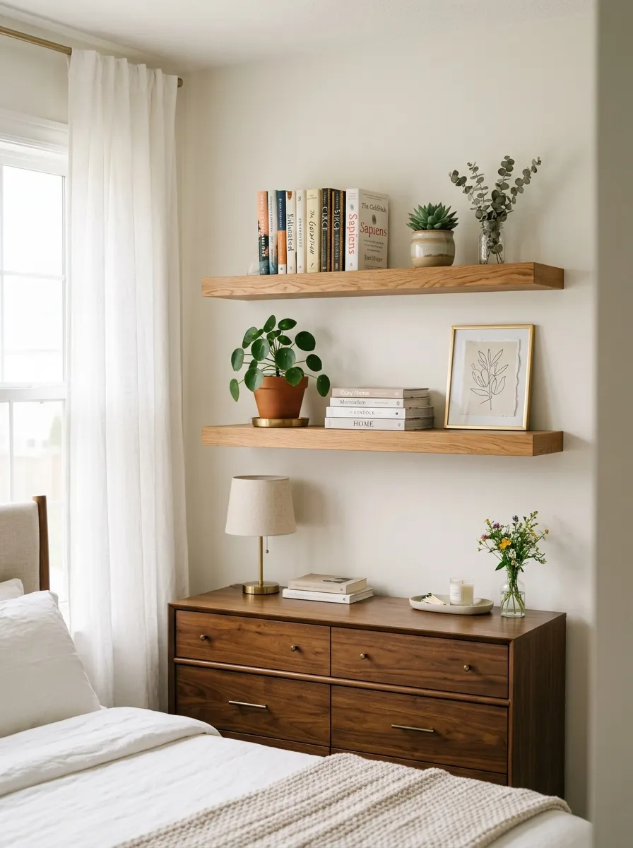 Prompt: A realistic photograph of two floating warm wood shelves mounted above a dresser in a cozy neutral bedroom, neatly styled with small books, a potted plant, and a framed print. Beautifully arranged, organized, and clean composition, bright natural light casting soft shadows on the wood grain, vibrant warm tones, real home interior photography, not a 3D render.