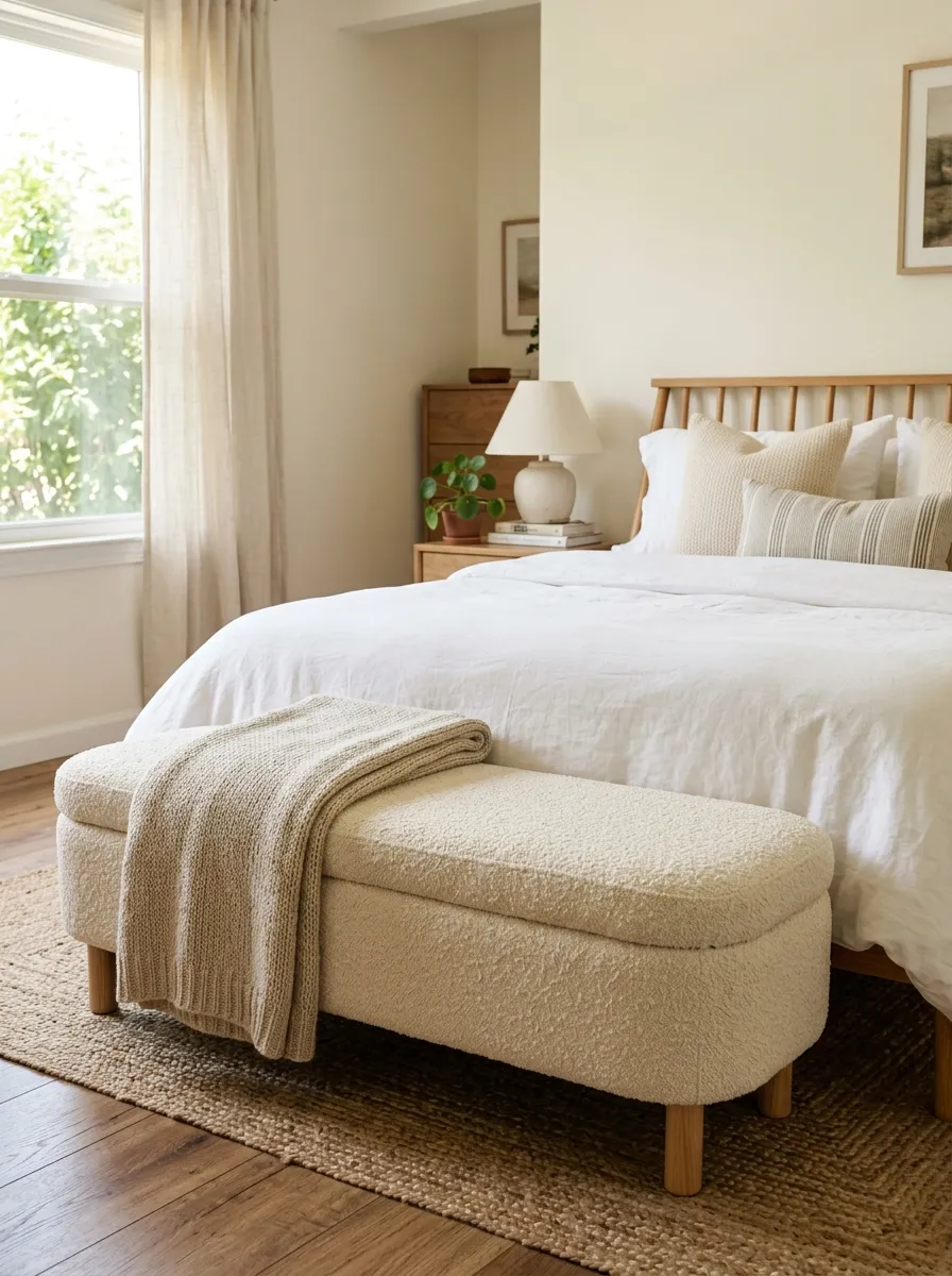 Prompt: A realistic photograph of a low upholstered bouclé bench in warm cream placed at the foot of a neatly made bed in a cozy neutral bedroom, with a folded throw blanket draped over it. Beautifully arranged, organized, and clean styling, bright natural light streaming across the room, vibrant warm tones, real home interior photography, not staged or rendered.