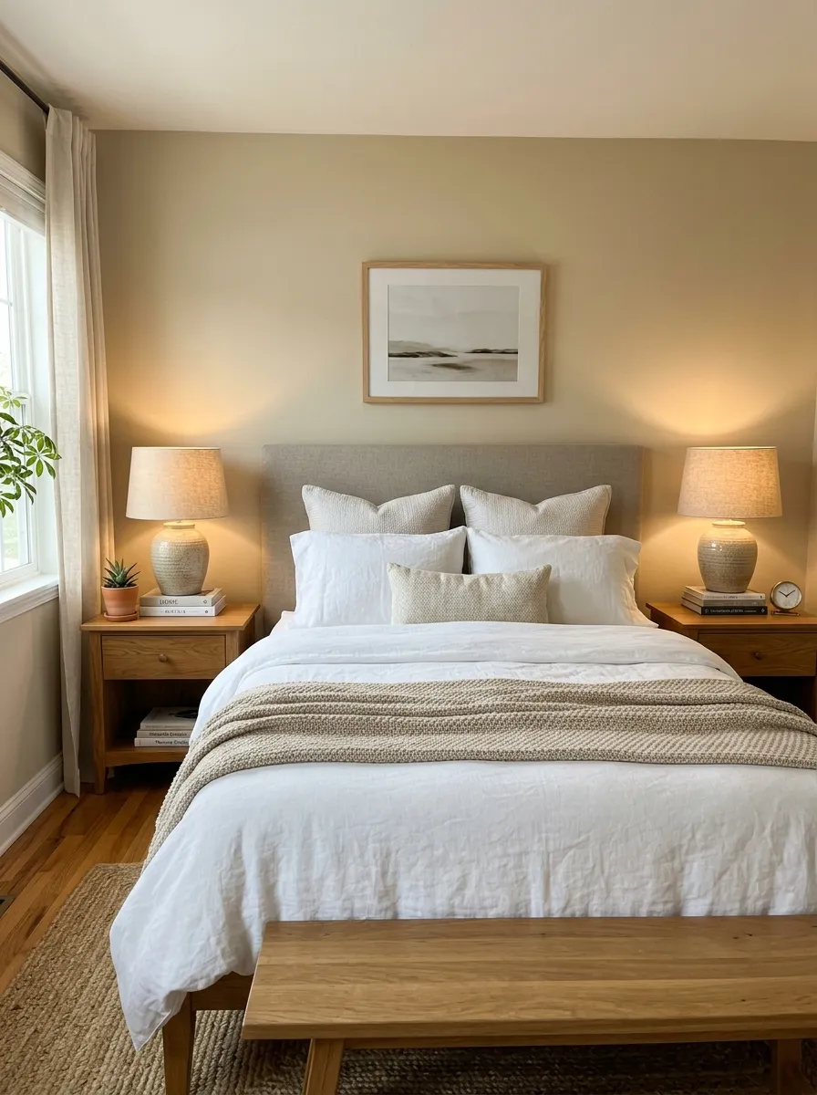 Prompt: A realistic photograph of two matching ceramic table lamps with linen drum shades placed symmetrically on nightstands beside a neatly made bed in a cozy neutral bedroom. Beautifully arranged, organized, and clean composition, bright natural light combined with a warm lamp glow, vibrant warm tones, real home photography style, no illustration or 3D render.