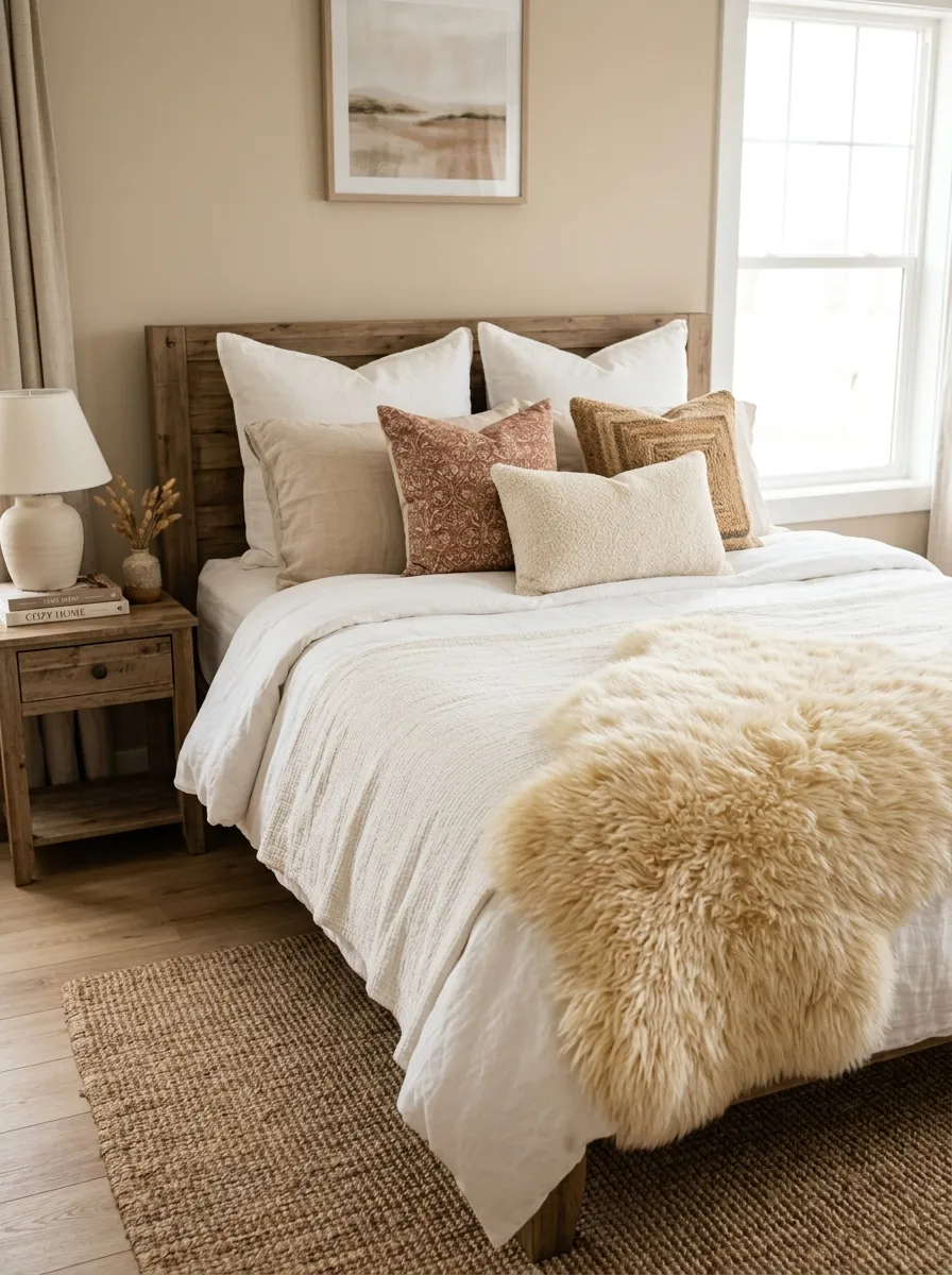 Prompt: A realistic photograph of a faux fur sheepskin throw draped diagonally across the corner of a neatly made bed in a cozy neutral bedroom. Beautifully arranged pillows behind it, organized and clean room styling, bright natural light highlighting the fur texture, vibrant warm tones, real home photography style, not a studio render or illustration.