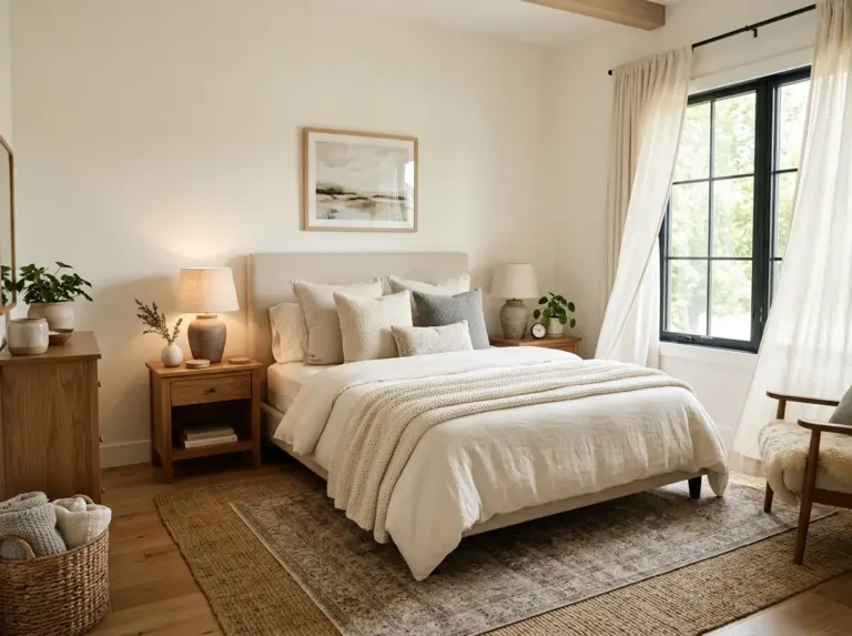 A realistic photograph of a complete cozy neutral bedroom, wide angle view showing a neatly made bed layered with ivory linen sheets, a chunky knit throw, and mixed bouclé pillows, an upholstered linen headboard, a warm wood nightstand with a ceramic lamp, a woven jute and wool layered rug on the floor, and flowing linen curtains softly billowing beside the window. Beautifully arranged, organized, and clean styling throughout the room, bright natural light streaming in from the window creating soft warm shadows, vibrant natural color tones with warm undertones, shot in a real home setting, high resolution stock photography style, no illustration, no 3D render, no text overlay.