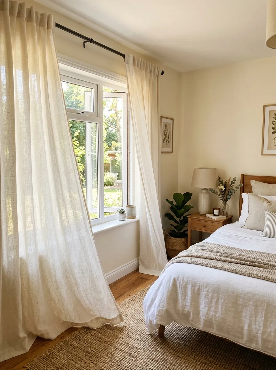 Prompt: A realistic photograph of flowing ivory linen curtains softly billowing beside a bedroom window, mounted high above the frame in a cozy neutral bedroom. Beautifully arranged, clean and organized room in the background, bright natural light filtering through the linen fabric creating a soft glow, vibrant warm tones, real home photography style, not a 3D render.