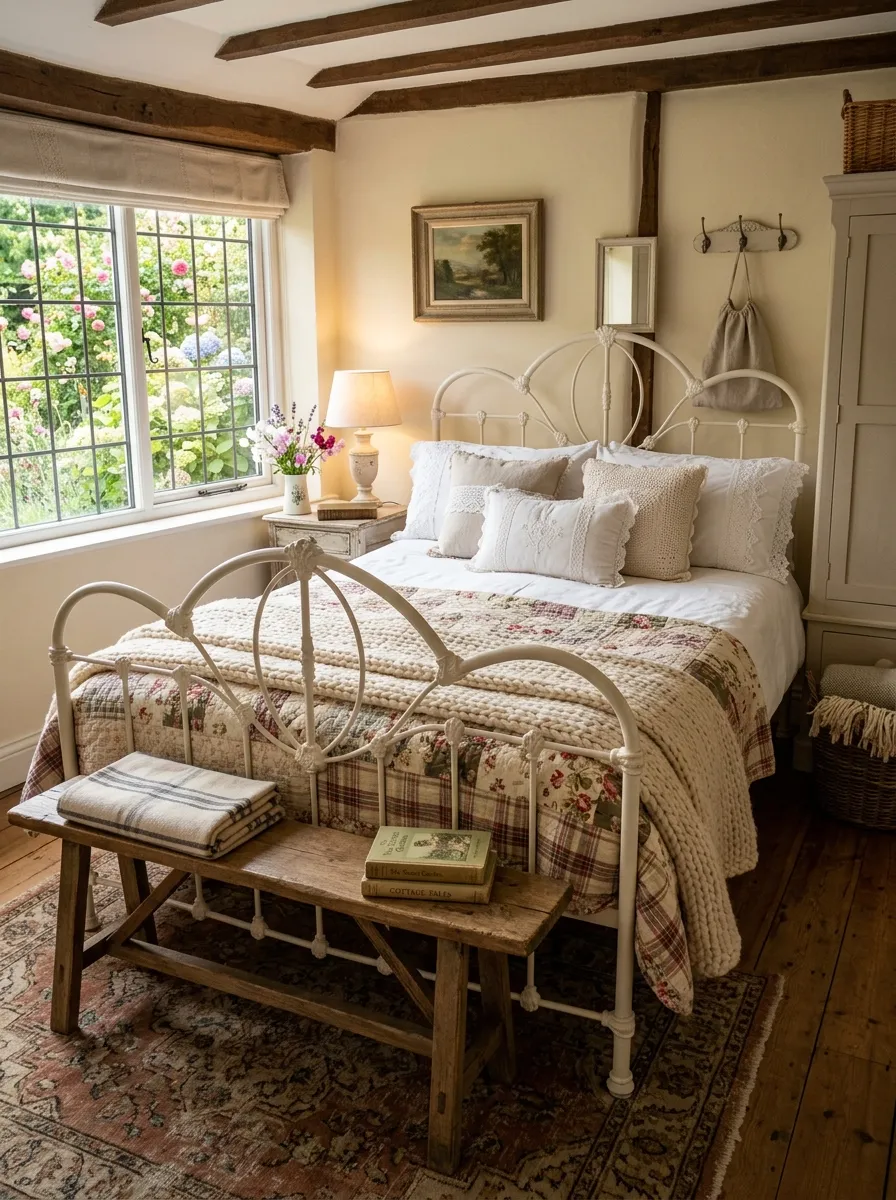 Real-life photo of an english cottage bedroom featuring a vintage white iron bed frame with curved scrollwork, neatly made bed layered with a quilted coverlet, knit throw, and lace pillows, beautifully arranged textures, a small wooden bench at the foot of the bed, organized and clean space, bright natural light, vibrant warm tones, realistic photography, no people.