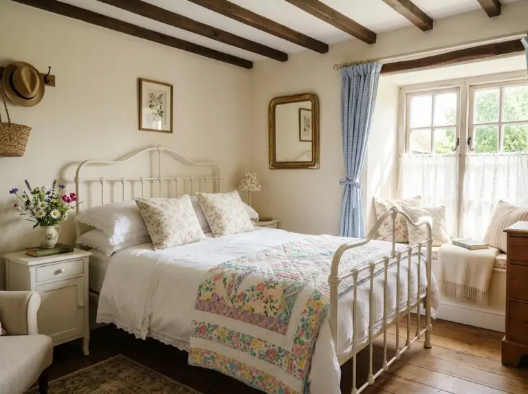 Real-life photo of a beautifully styled english cottage bedroom, neatly made bed with layered floral linens and a quilted coverlet, vintage white iron bed frame, soft bright natural light streaming through lace or gingham curtains, organized nightstand with fresh wildflowers in a small vase, exposed wood ceiling beams, a cozy window seat nook with soft cushions in the background, clean and tidy space, beautifully arranged decor, vibrant pastel color palette, warm and inviting atmosphere, Pinterest-worthy realistic photography, shot on a DSLR camera, no people.