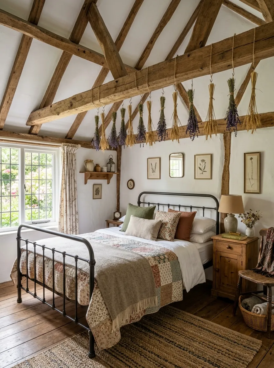 Real-life photo of an english cottage bedroom with exposed wood ceiling beams, small bunches of dried lavender and wheat hanging neatly with twine, white walls, neatly made bed below, beautifully arranged rustic decor, bright natural light, clean and organized space, vibrant earthy tones, realistic photography, no people.