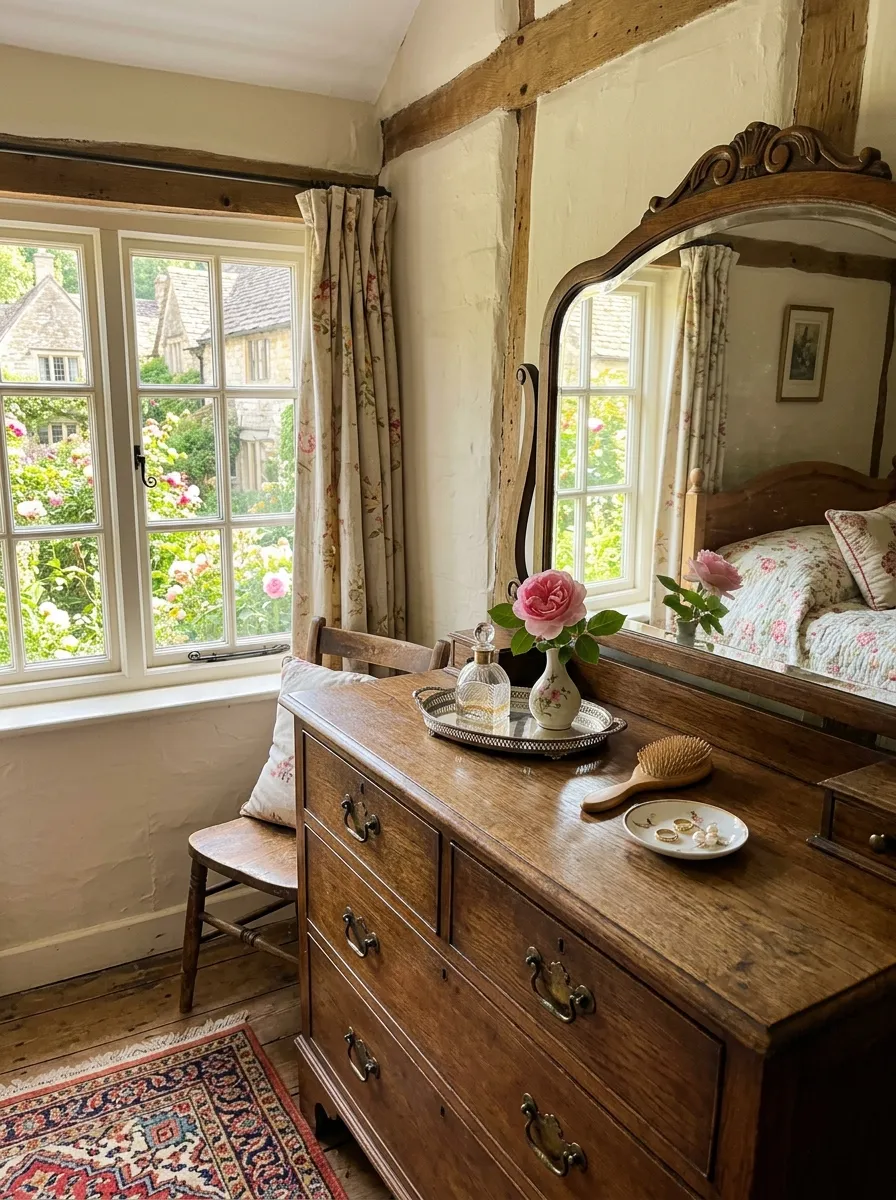 Real-life photo of a vintage wooden dresser with a curved mirror and brass handles used as a vanity corner in an english cottage bedroom, neatly arranged small tray, glass perfume bottle, and fresh flower in a bud vase, organized and clean, bright natural light near a window, vibrant warm tones, realistic photography, no people.