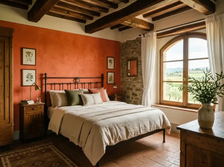 A beautifully styled real-life Tuscan bedroom with a terracotta accent wall, a wrought iron bed frame neatly made with linen bedding, exposed wooden beams on the ceiling, and olive branches in a ceramic vase, bright natural light streaming through a window, beautifully arranged and organized, clean aesthetic, vibrant warm tones, photographed in realistic stock photography style, not a 3D render or illustration.