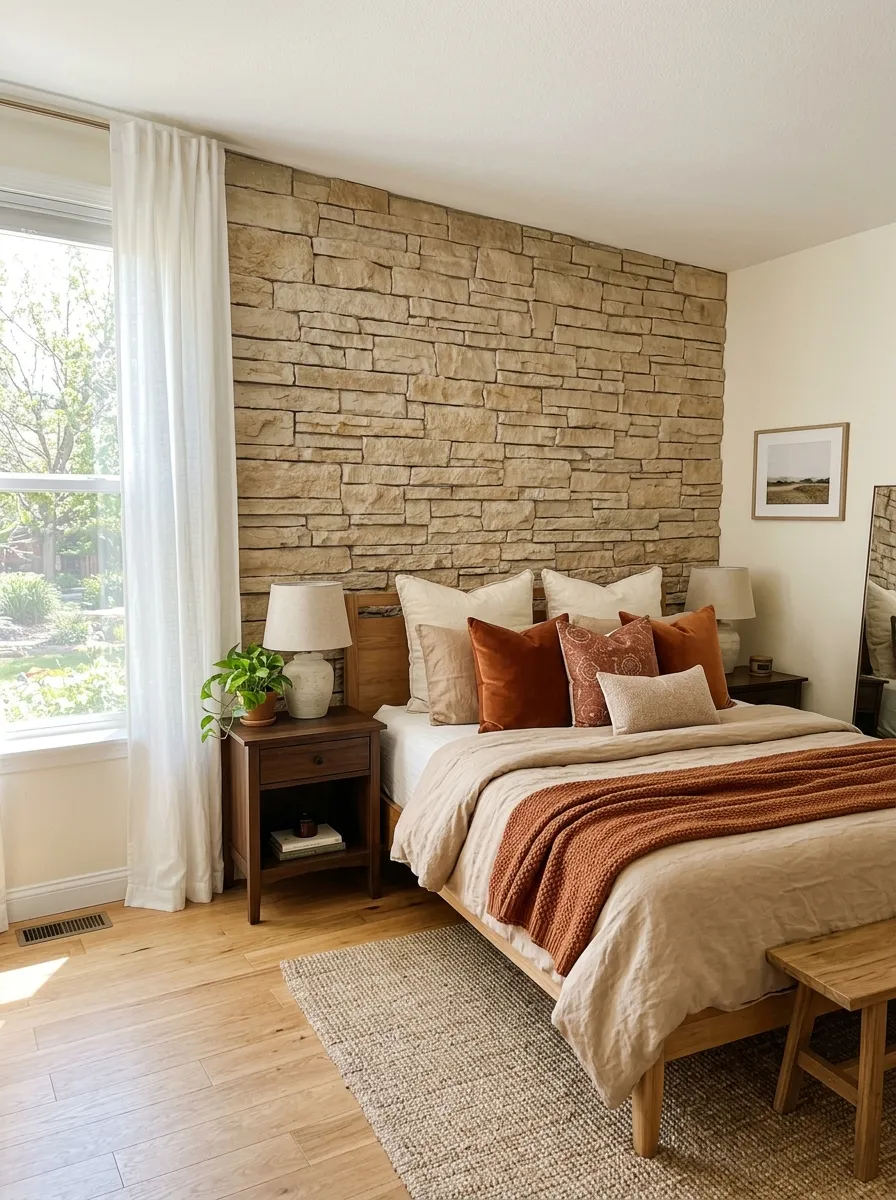 A bedroom with a stacked stone textured accent wall behind a neatly made bed with soft warm-toned linen bedding, bright natural light streaming in, beautifully arranged pillows and throw, clean organized space, vibrant warm colors, real-life stock photography style.