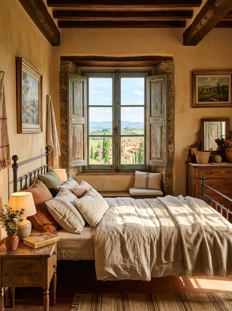 A bedroom window with vintage weathered wooden shutters slightly open, bright natural light filtering through, neatly made bed nearby with linen bedding, beautifully arranged and clean interior, organized Tuscan style room, vibrant warm tones, real-life stock photography style.