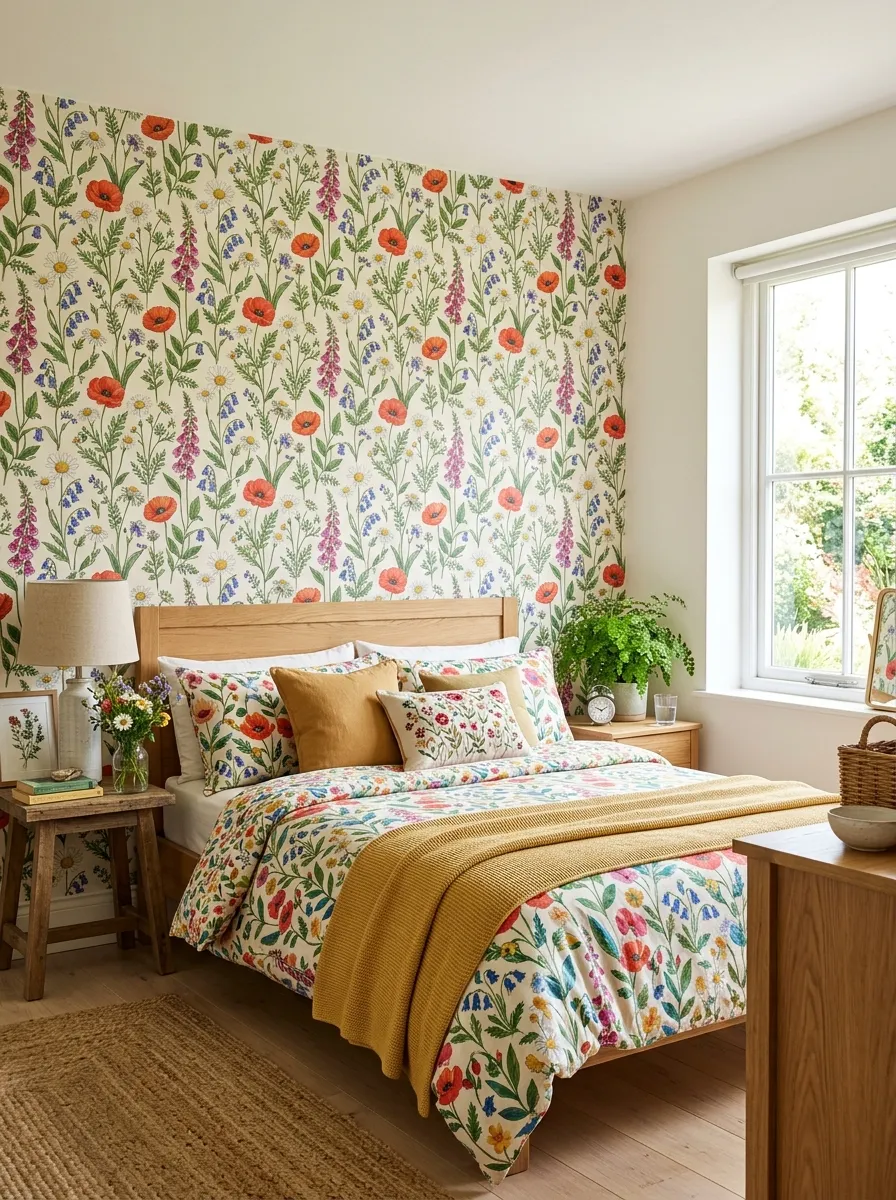 Realistic photo of a bedroom with one botanical wallpaper accent wall featuring wildflowers and leaves, neatly made bed with matching colorful bedding, beautifully arranged decor, organized clean styling, bright natural light, vibrant floral colors, real-life home interior, stock photography style, no people